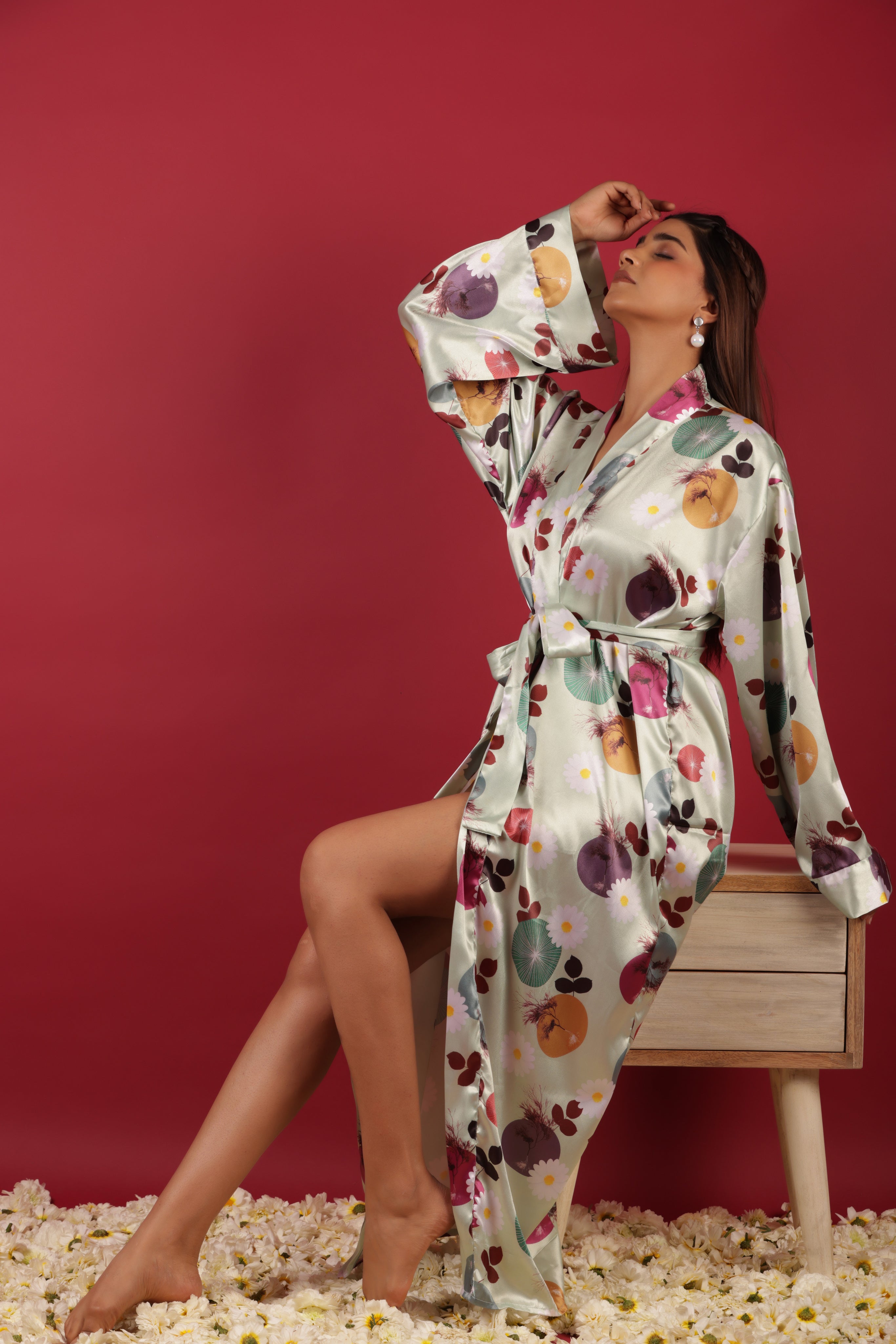 Floral Satin Kimono Beach Wear Belted Robe Cardigan