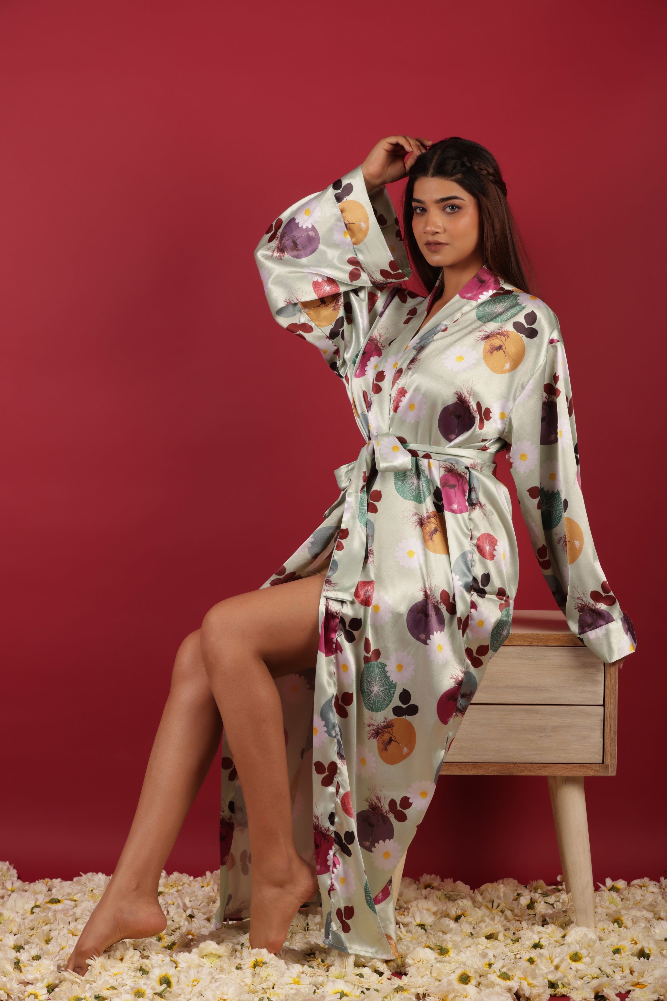 Floral Satin Kimono Beach Wear Belted Robe Cardigan