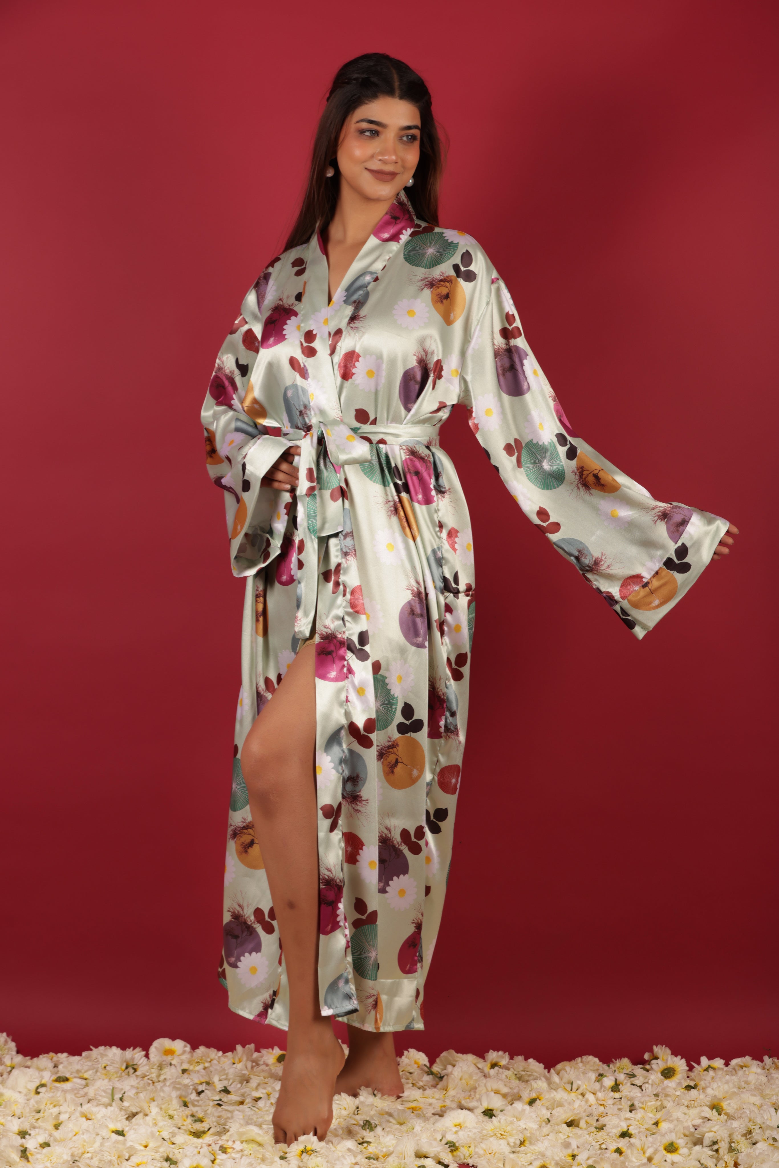 Floral Satin Kimono Beach Wear Belted Robe Cardigan