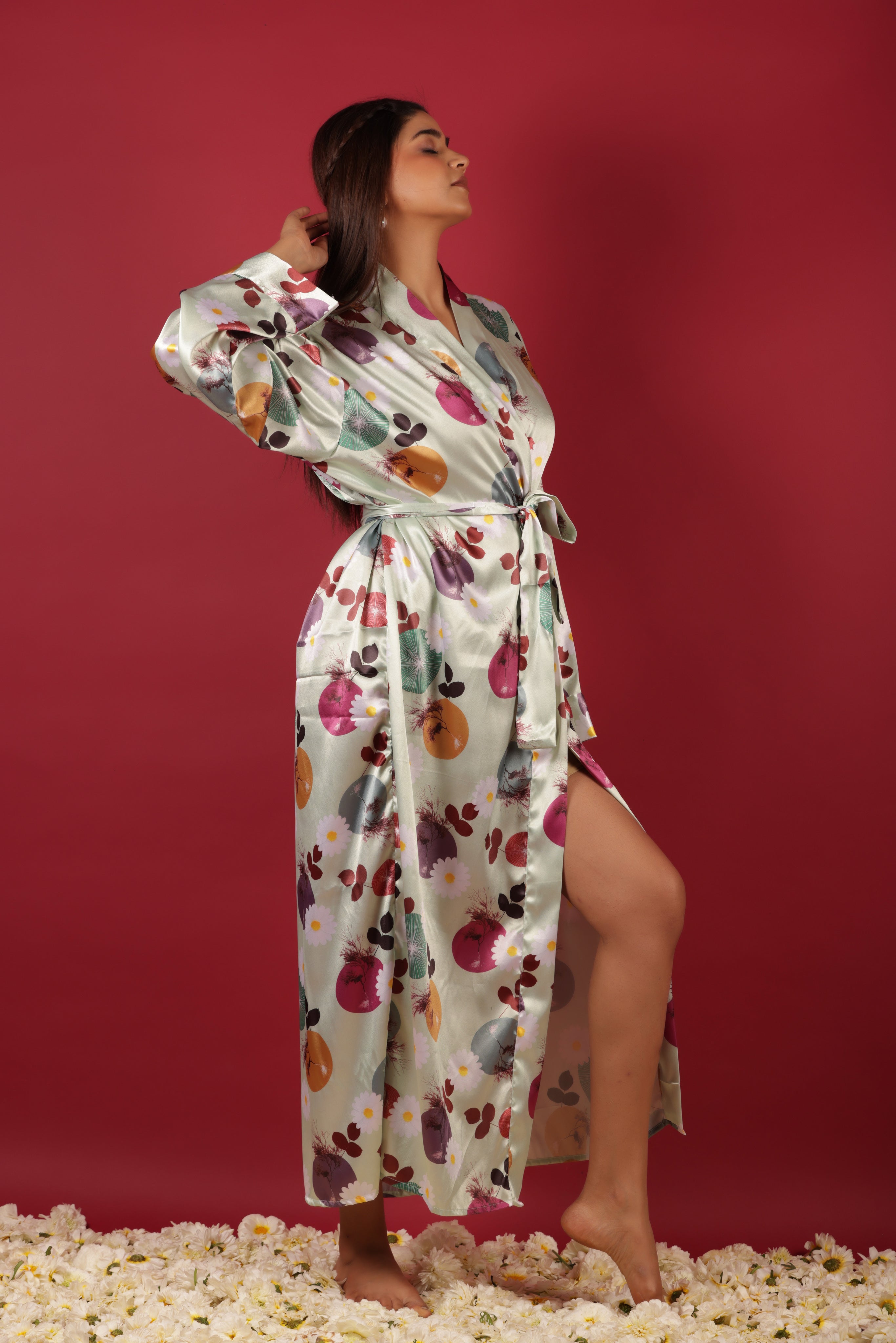 Floral Satin Kimono Beach Wear Belted Robe Cardigan