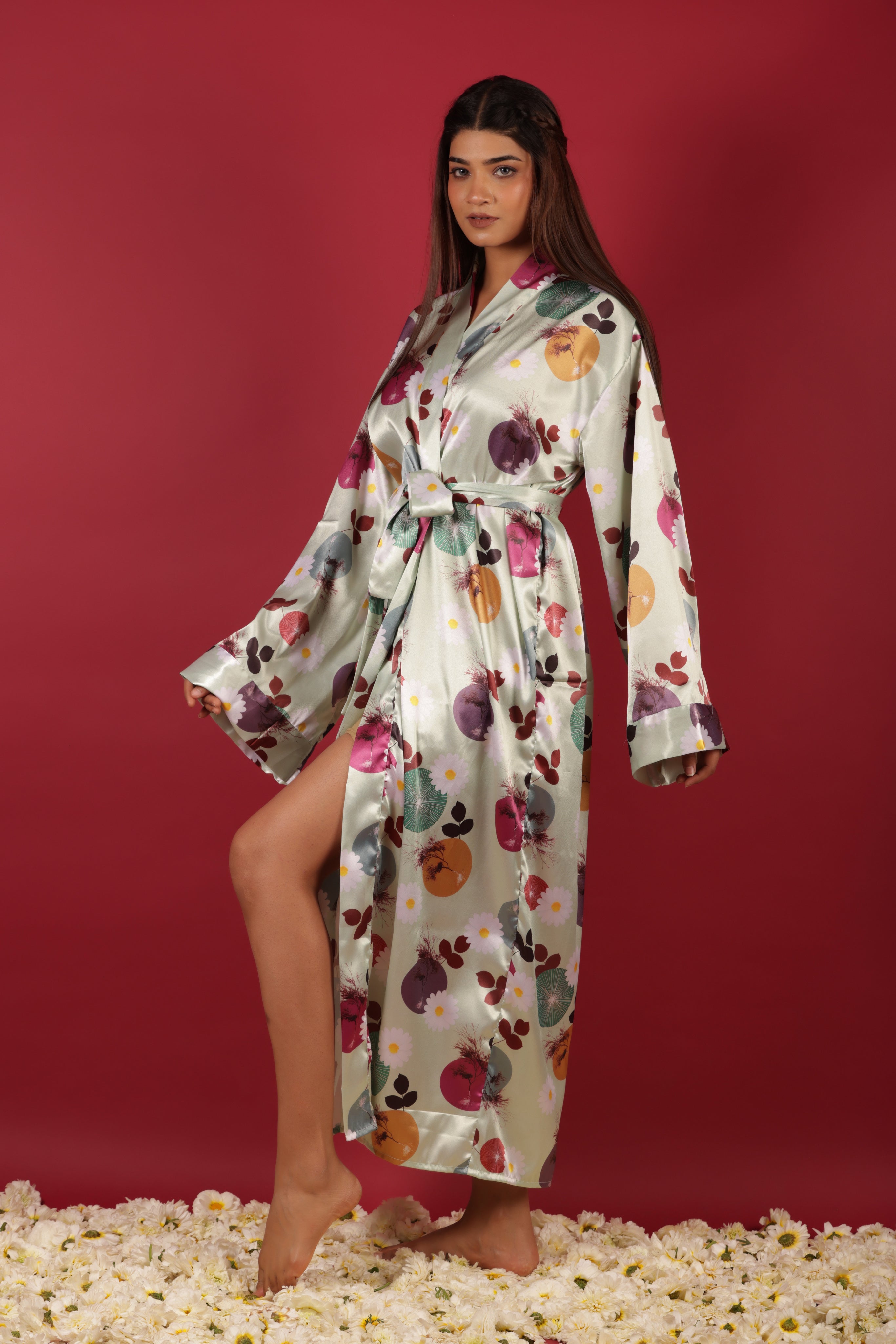 Floral Satin Kimono Beach Wear Belted Robe Cardigan