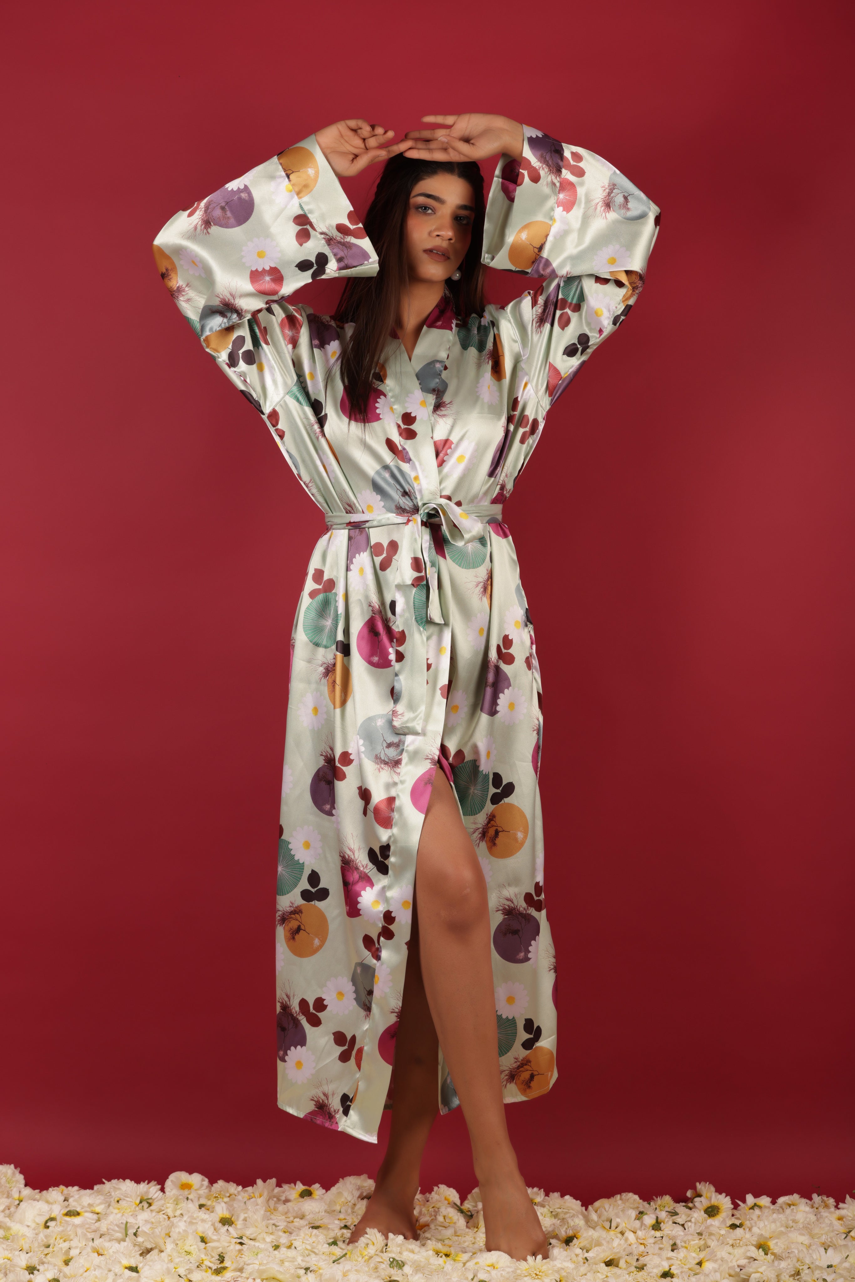 Floral Satin Kimono Beach Wear Belted Robe Cardigan