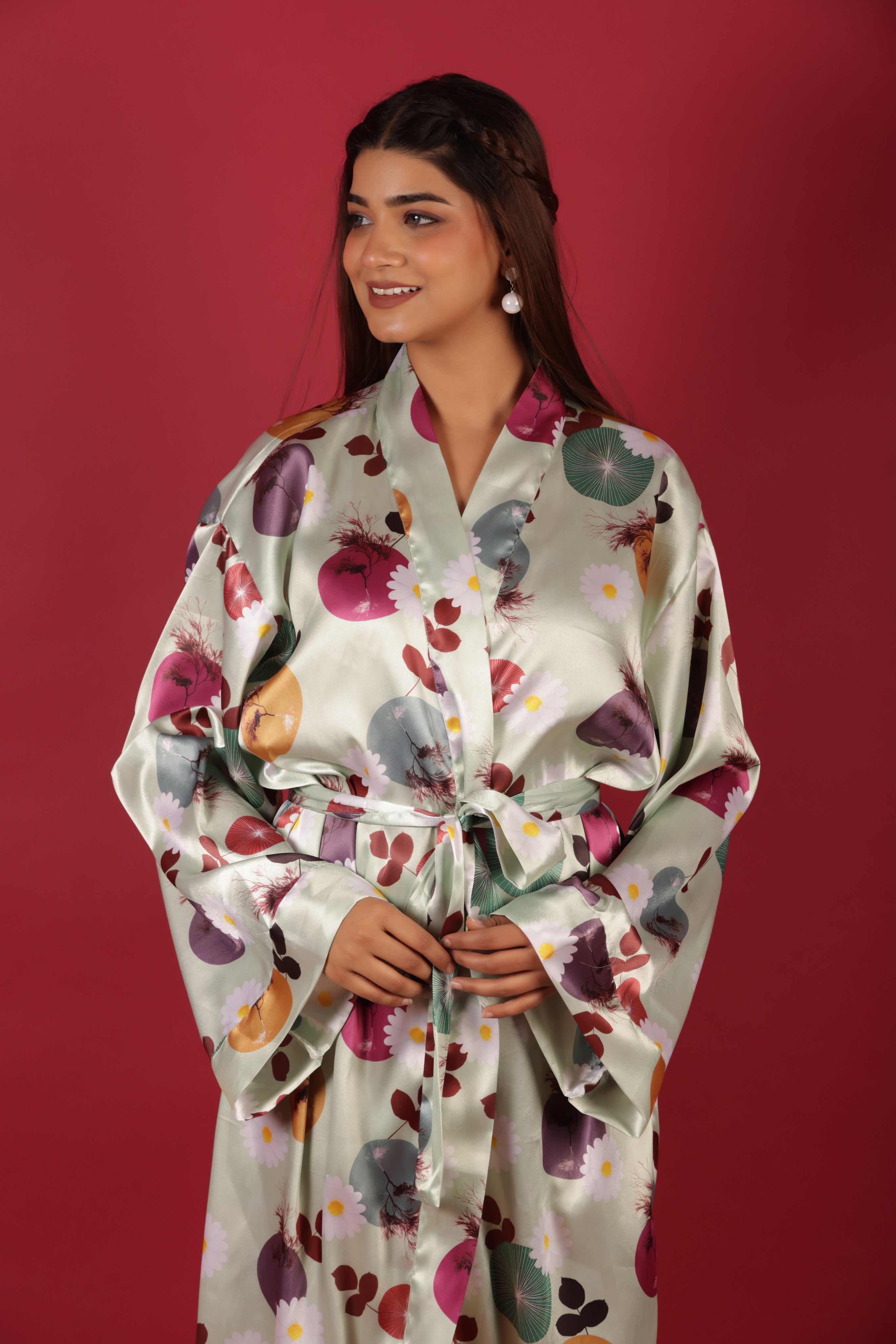 Floral Satin Kimono Beach Wear Belted Robe Cardigan