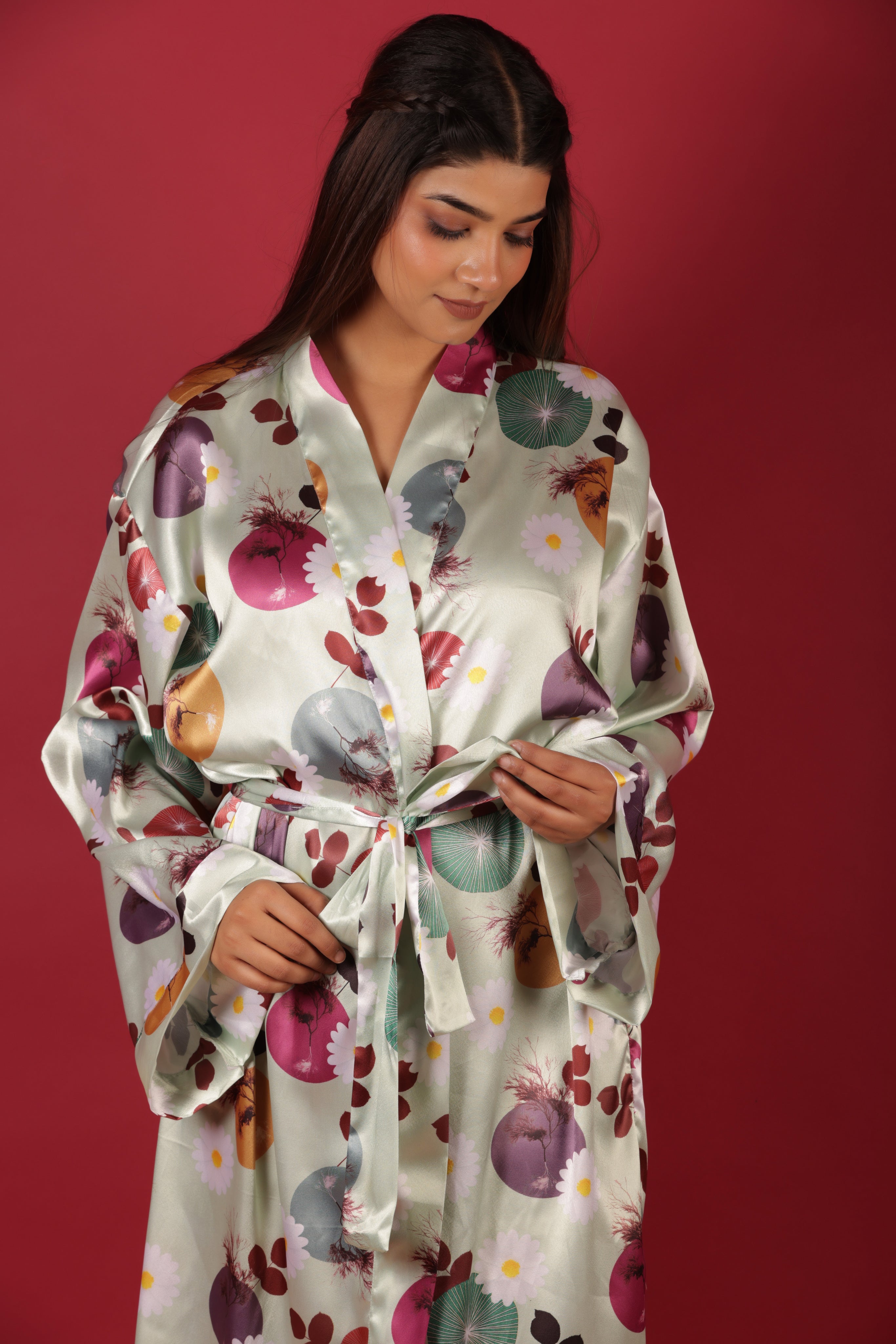 Floral Satin Kimono Beach Wear Belted Robe Cardigan