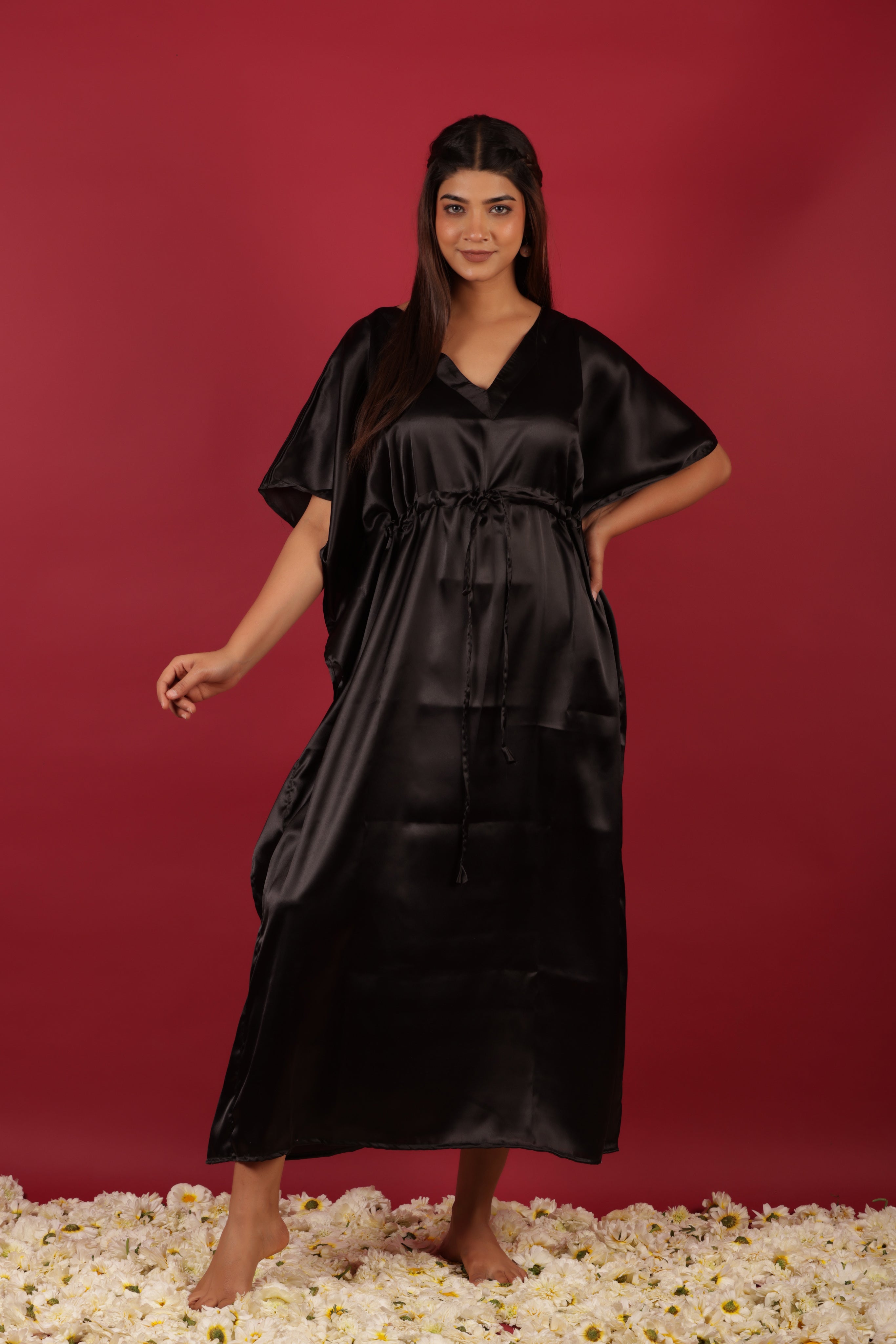Satin Black Long Kaftan Summer Dress