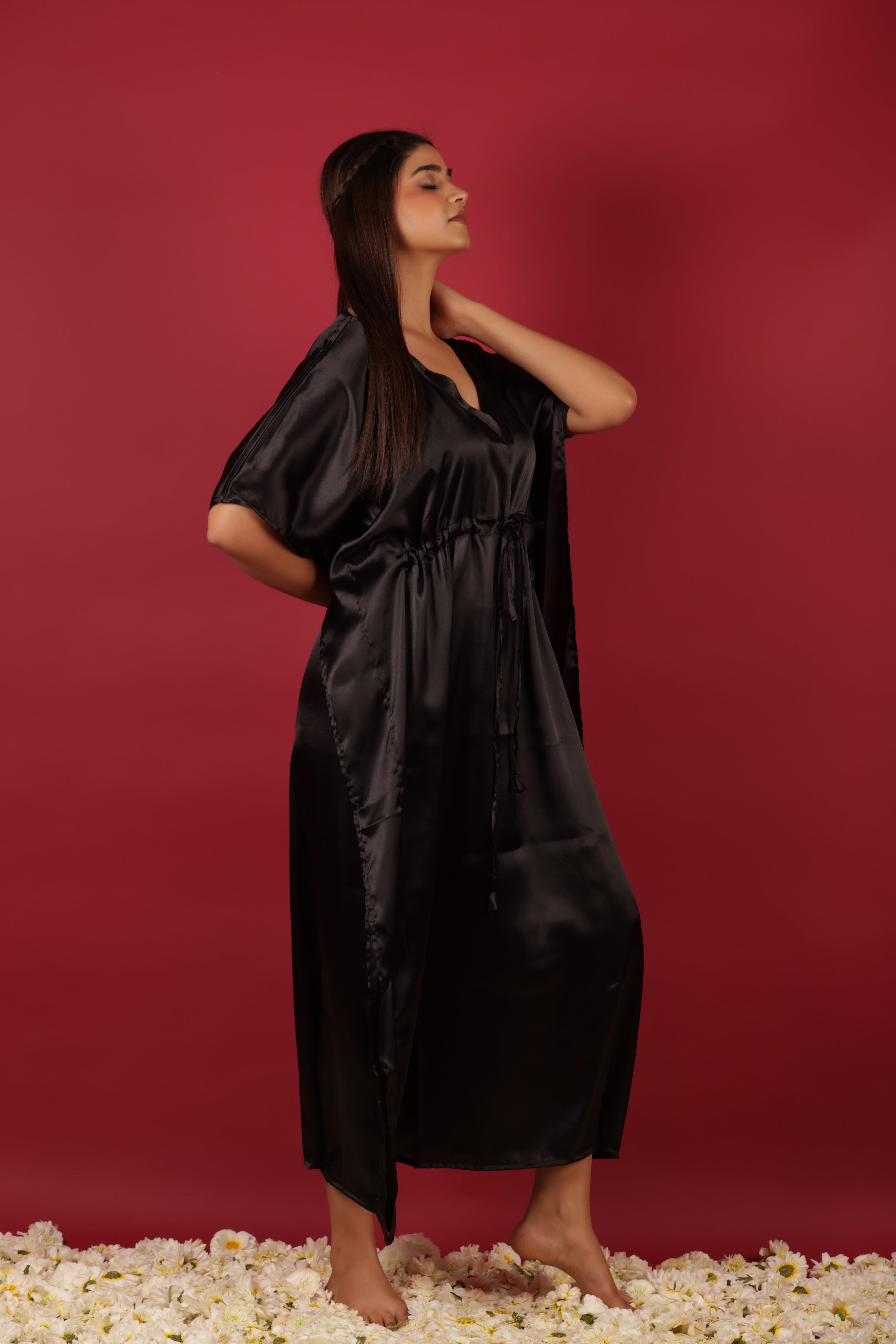 Satin Black Long Kaftan Summer Dress