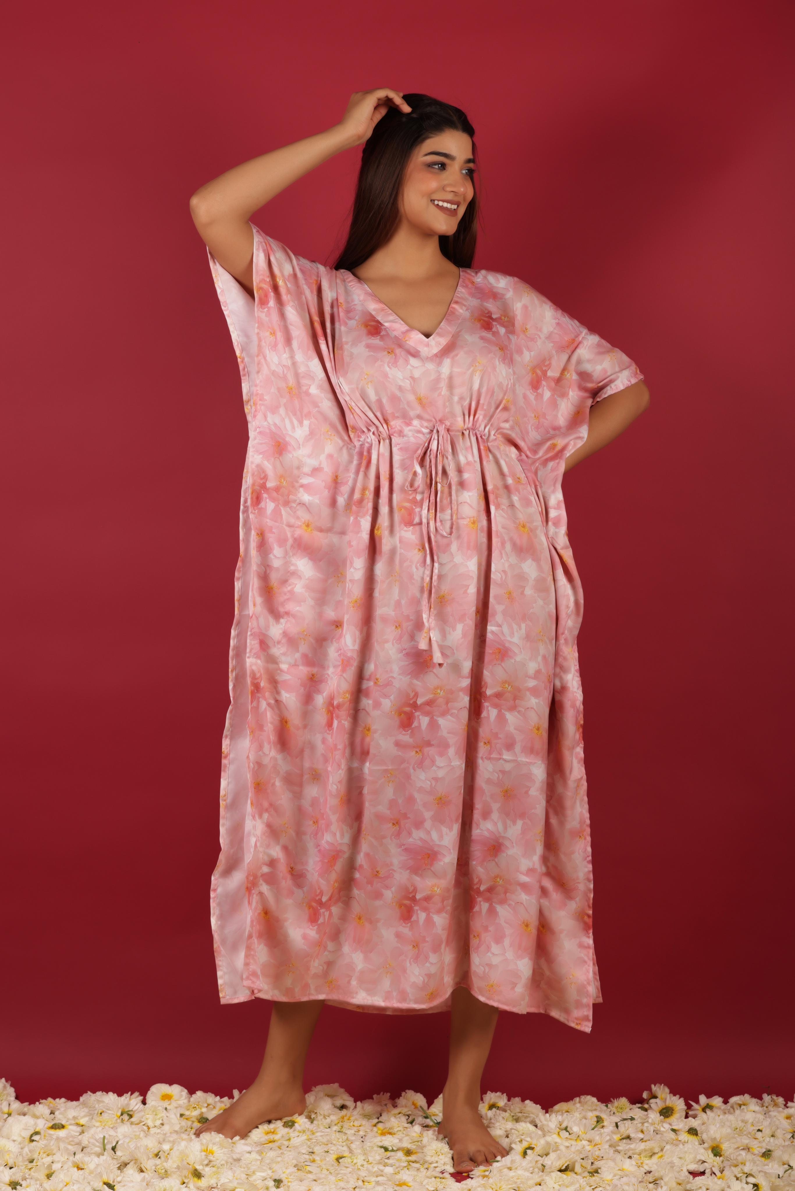 Pink Floral Long Kaftan Dress