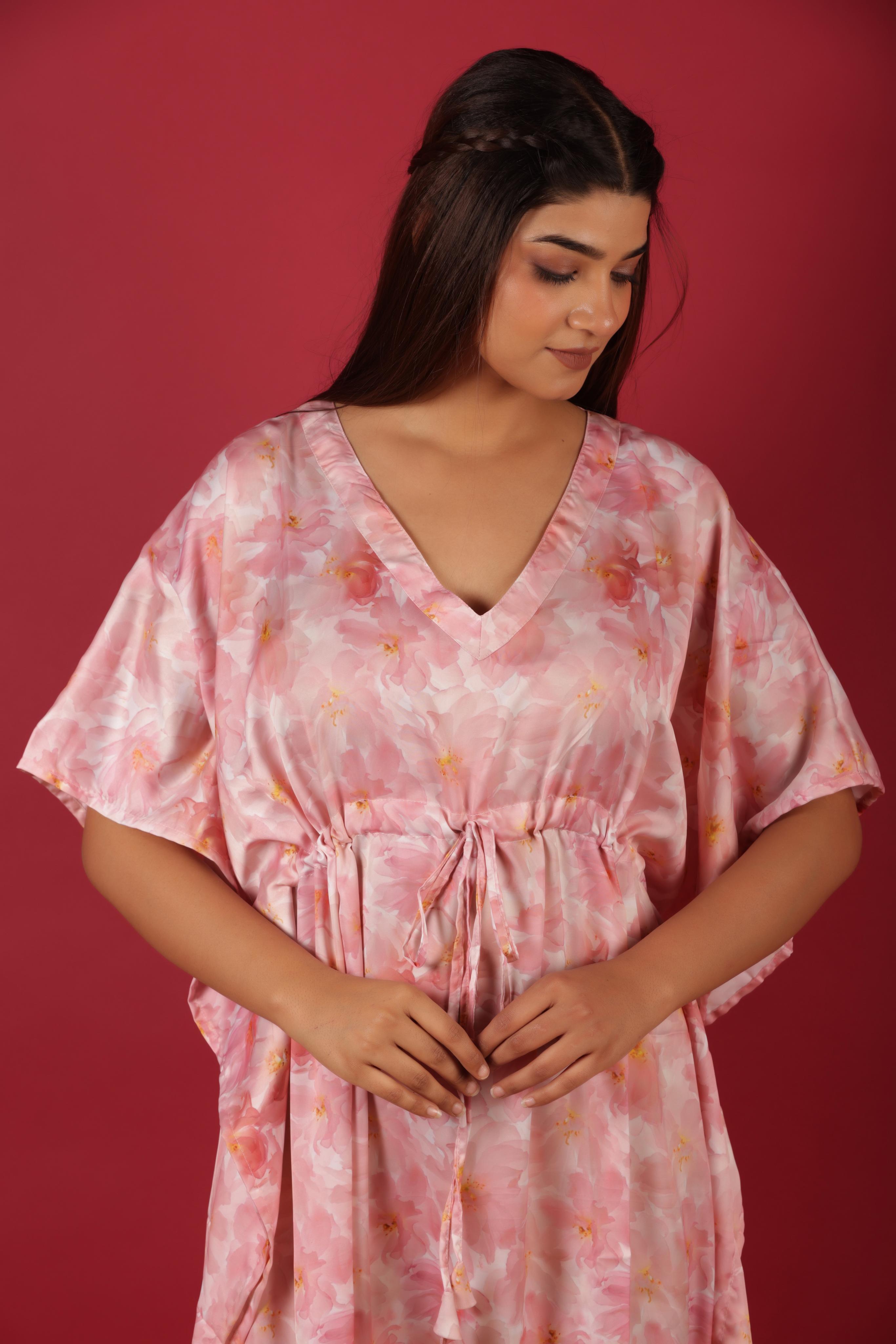 Pink Floral Long Kaftan Dress