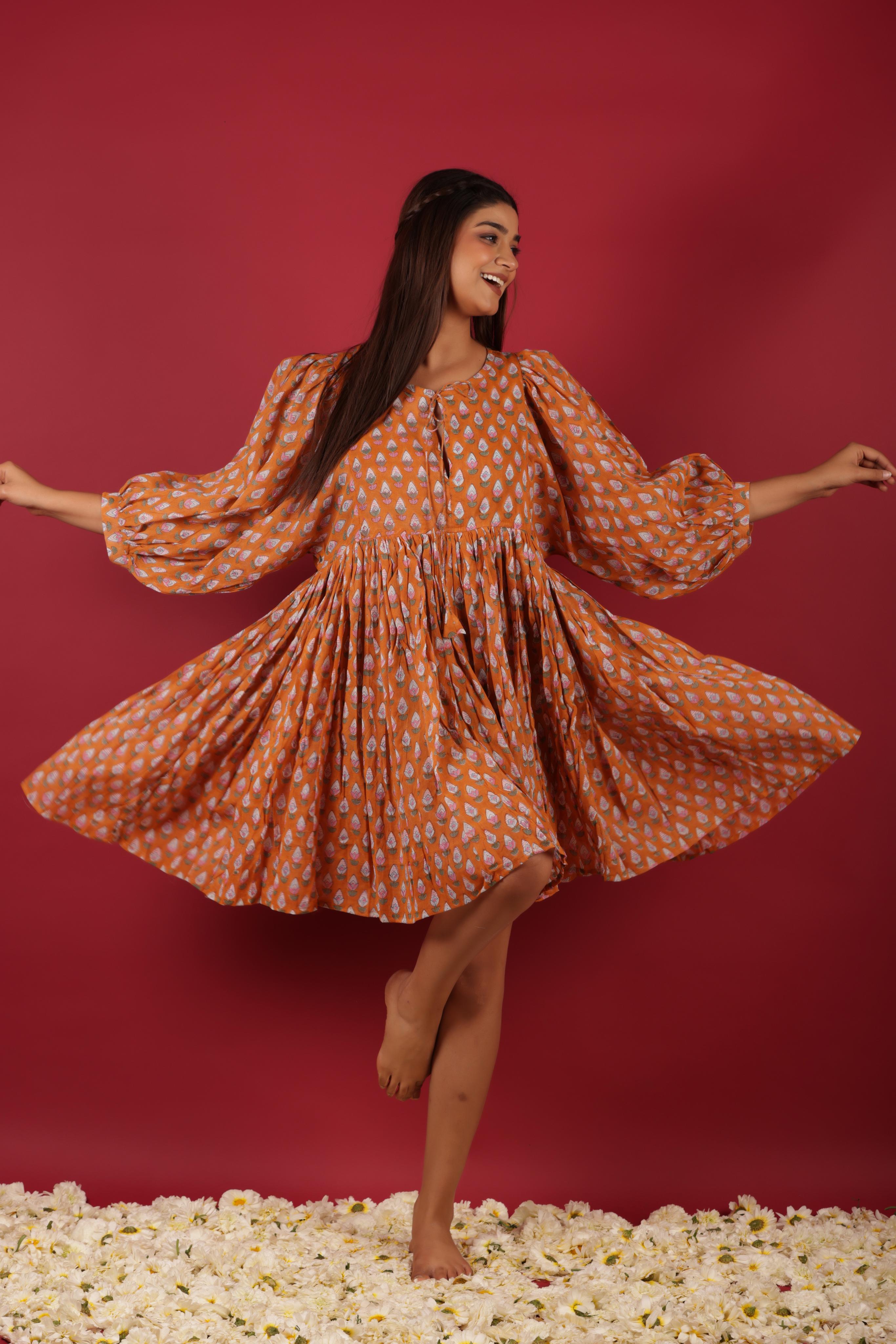 Floral Printed Cotton Short Summer Dress