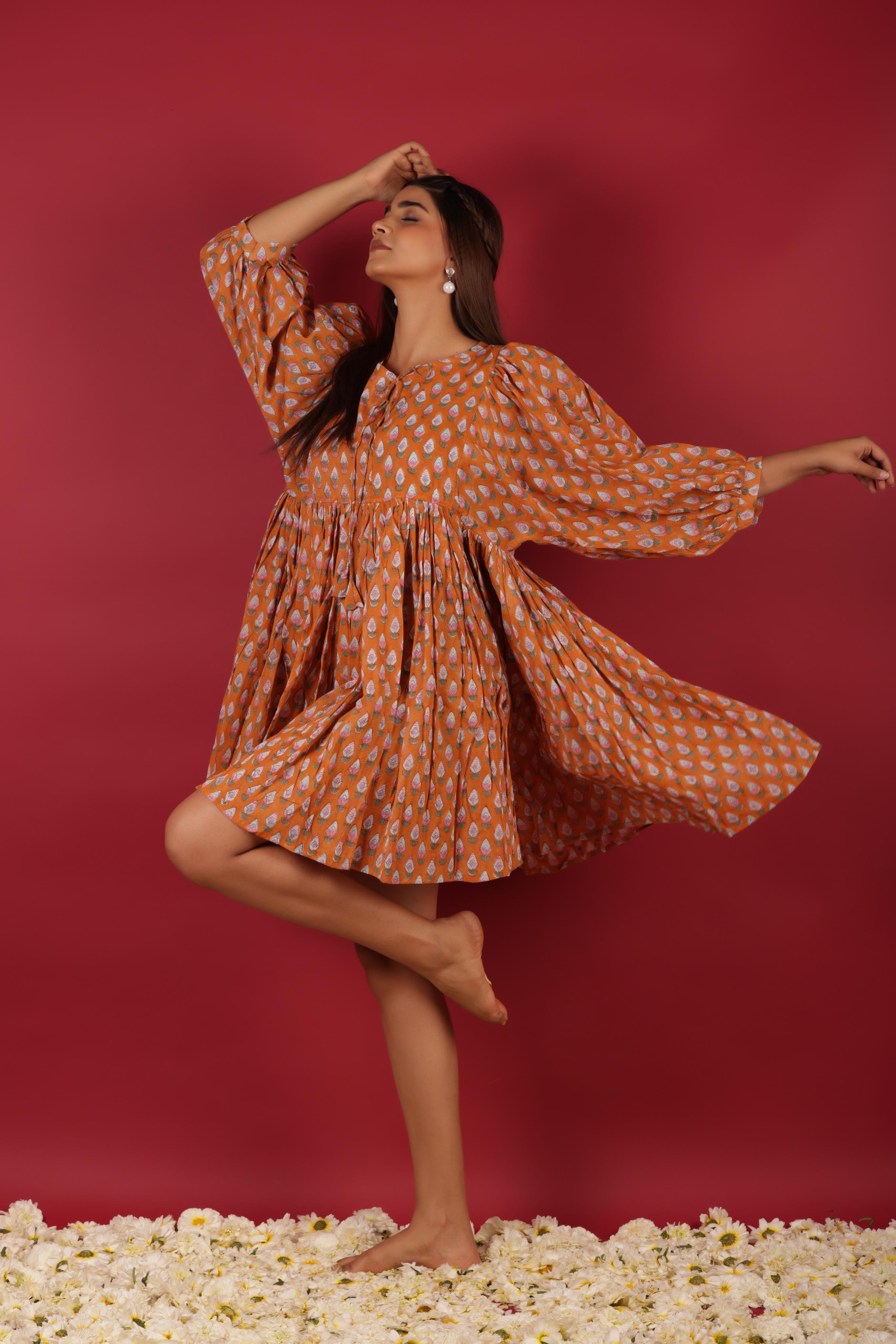 Floral Printed Cotton Short Summer Dress