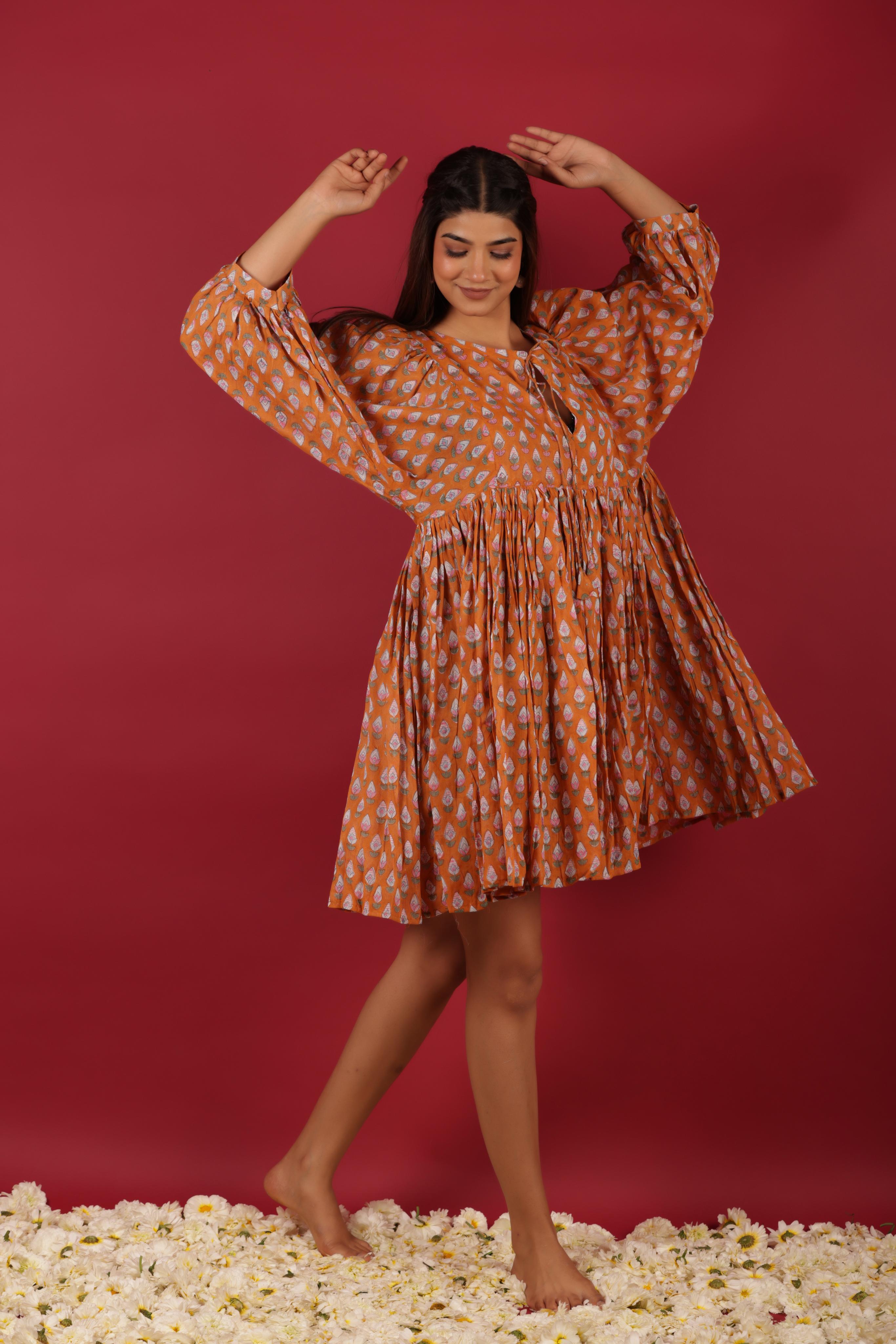 Floral Printed Cotton Short Summer Dress