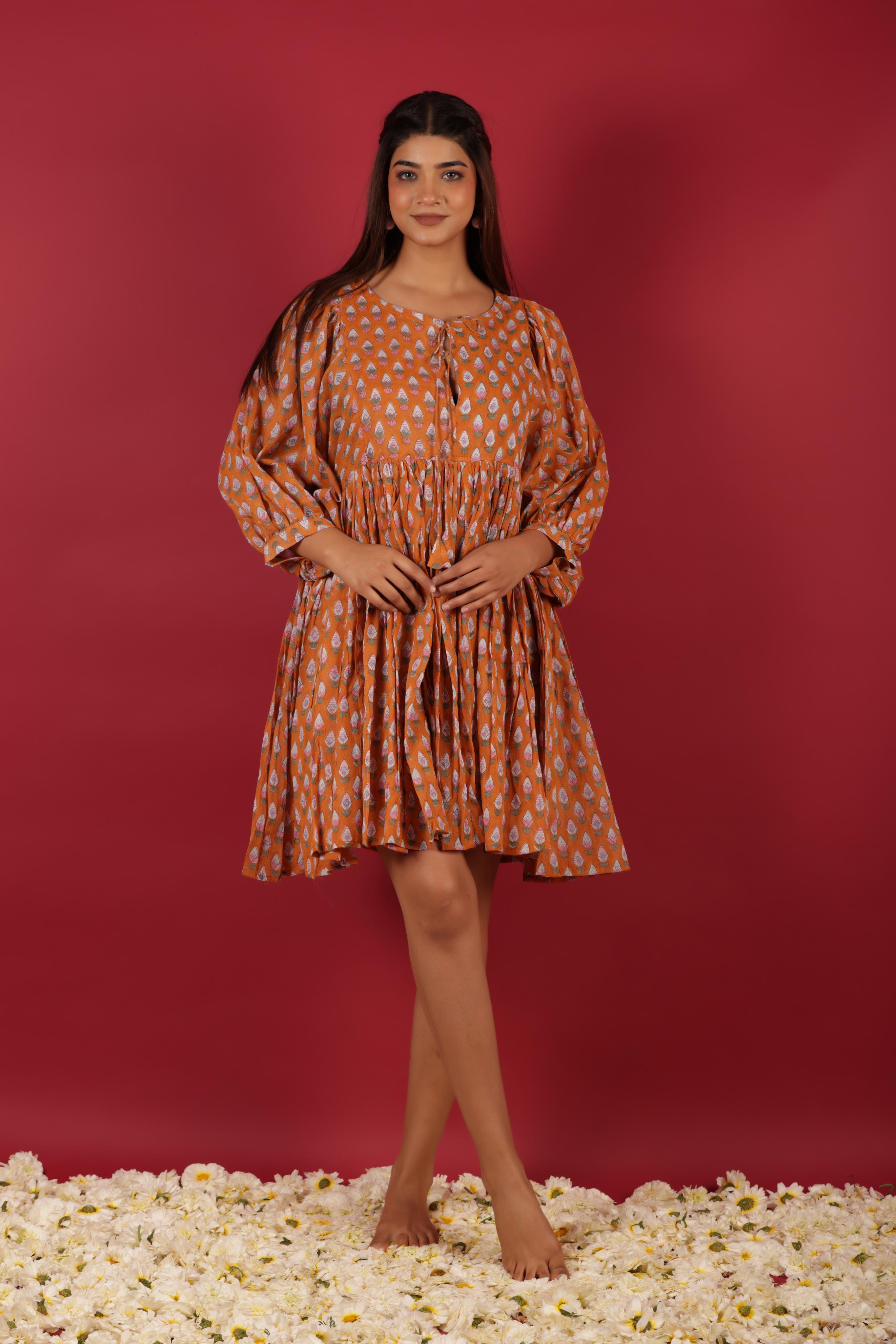 Floral Printed Cotton Short Summer Dress