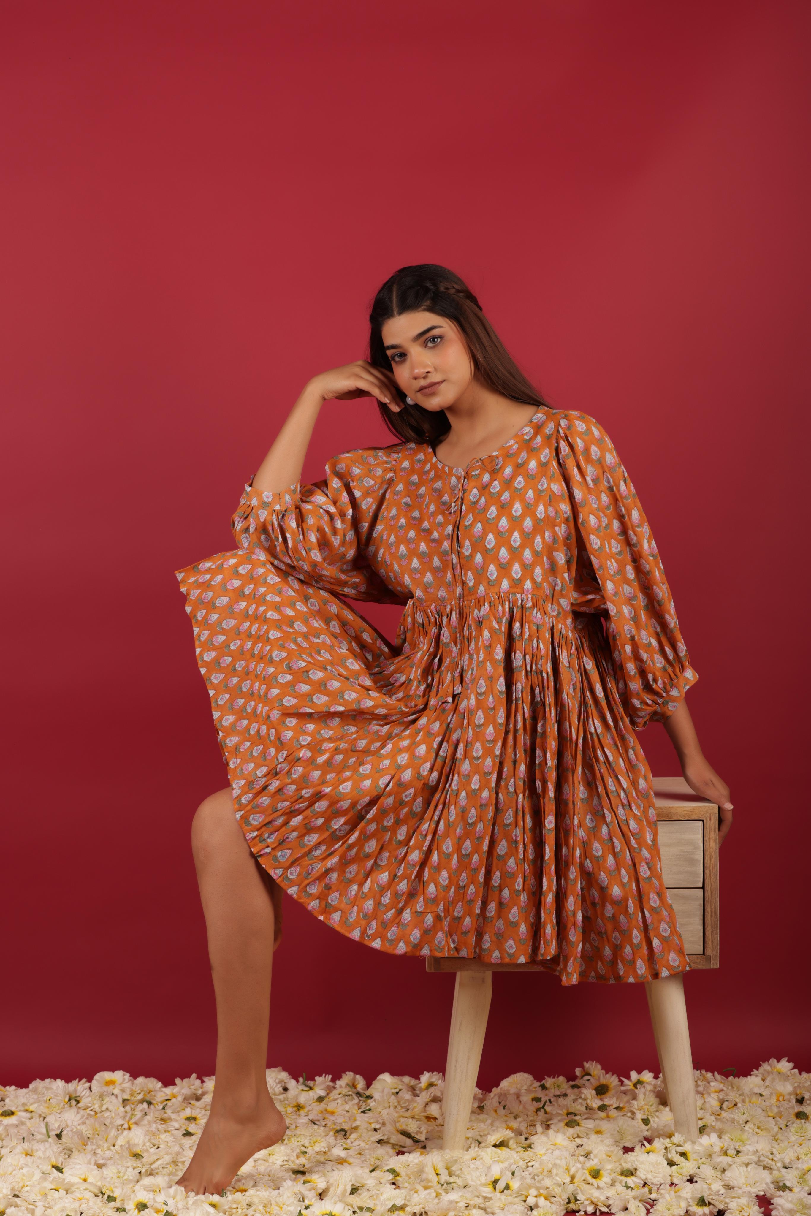 Floral Printed Cotton Short Summer Dress