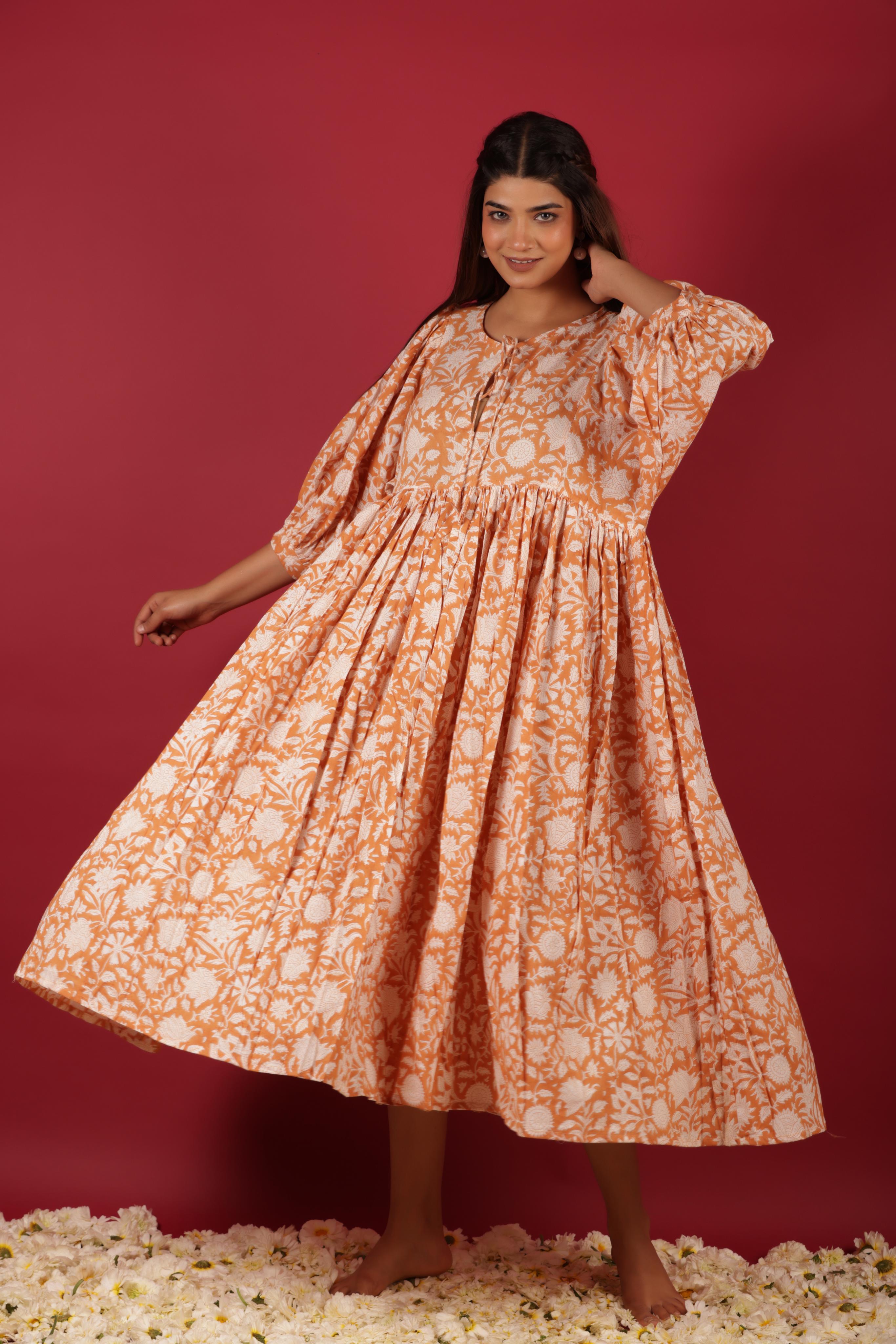 Long Ethnic Floral Print Cotton Dress