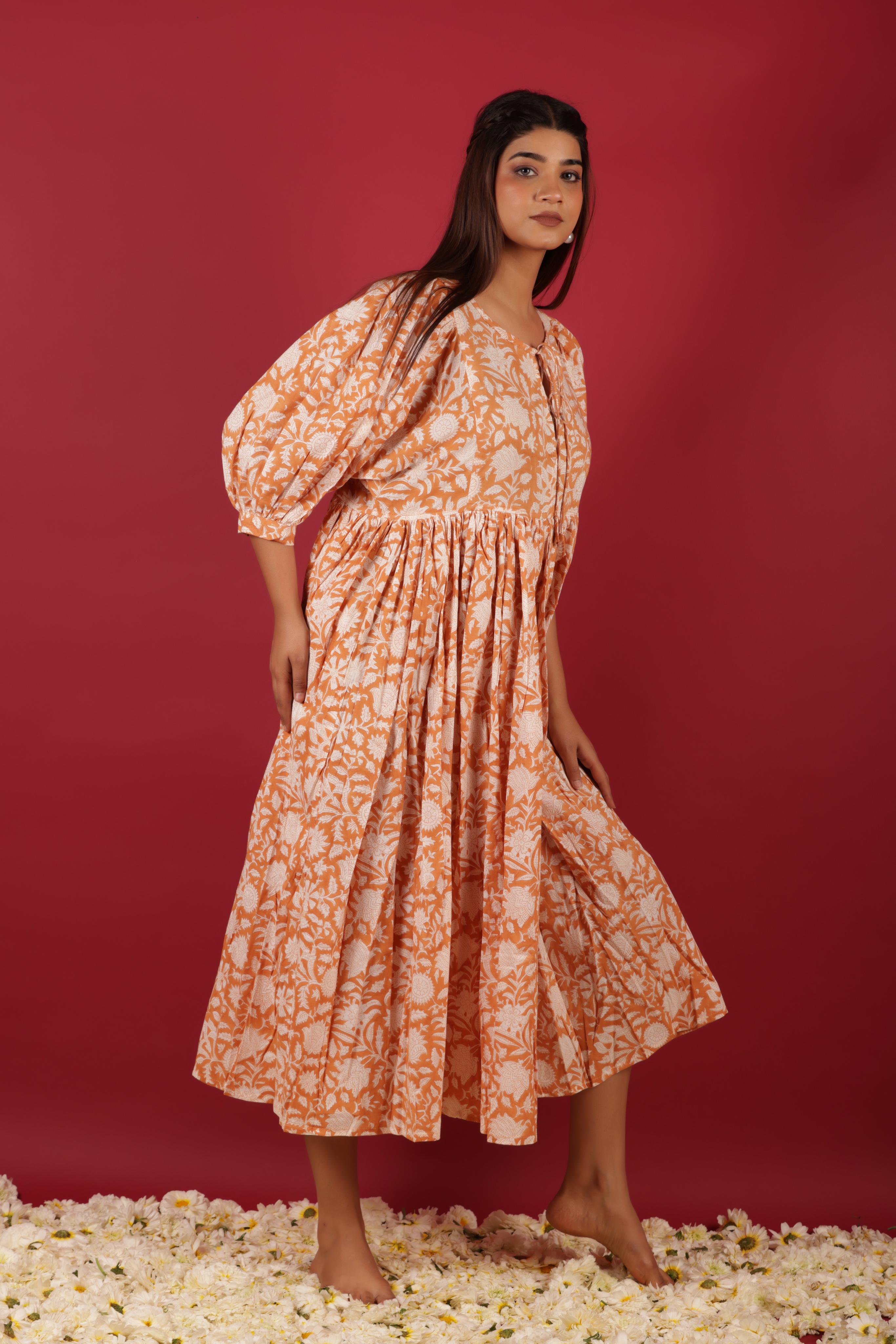 Long Ethnic Floral Print Cotton Dress