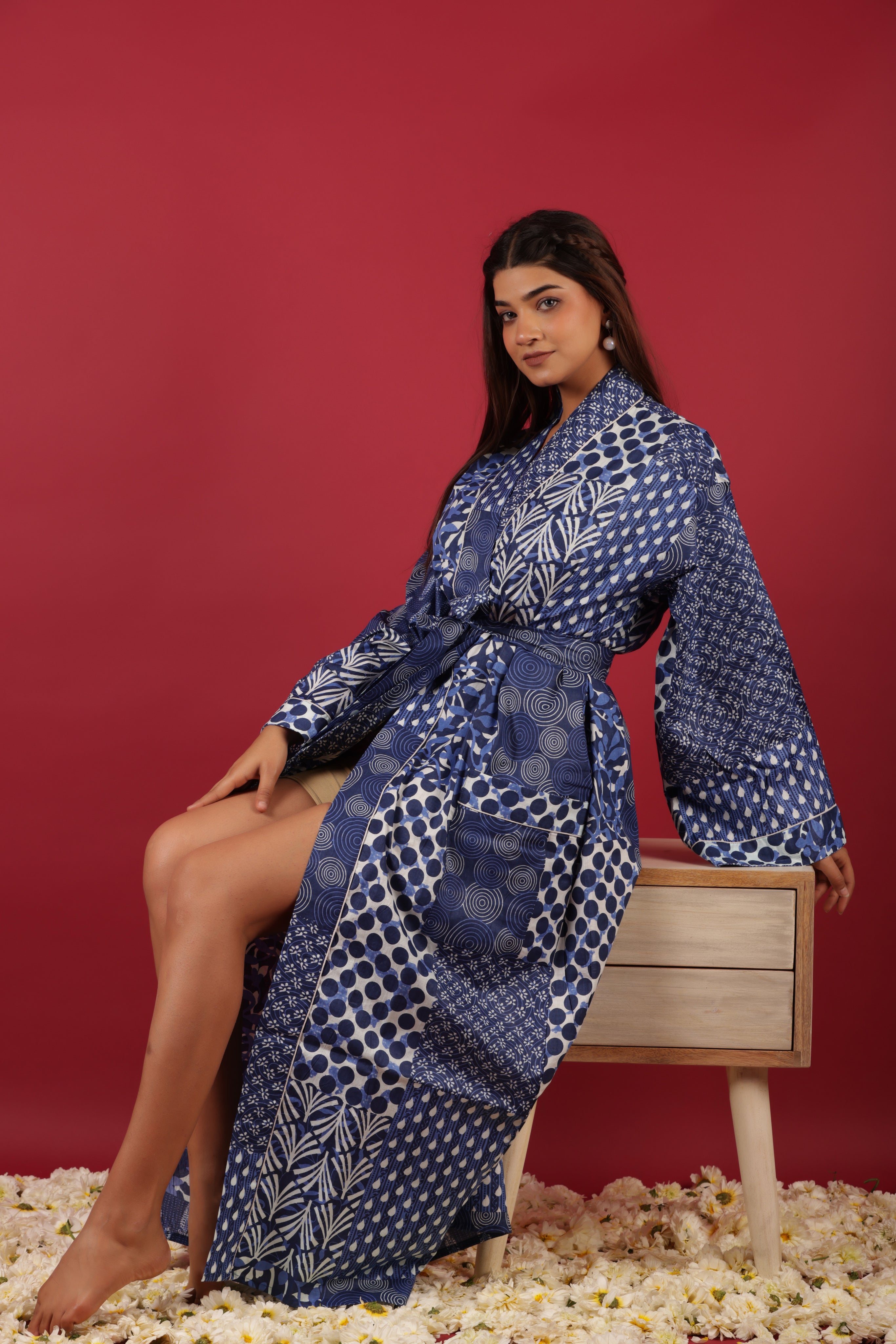 Lovely Patchwork Style Blue Indigo Printed Cotton Kimono Bathrobe