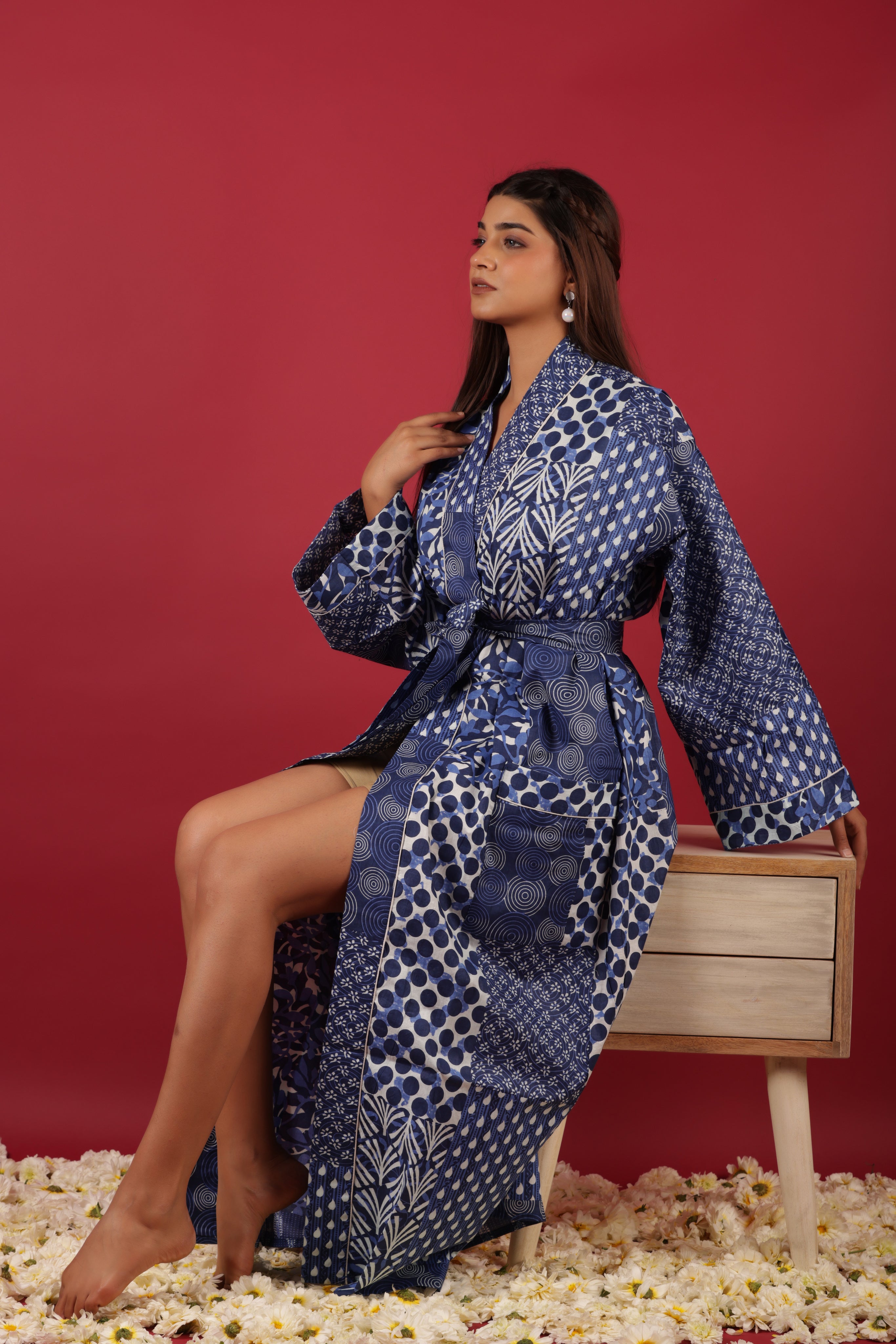 Lovely Patchwork Style Blue Indigo Printed Cotton Kimono Bathrobe