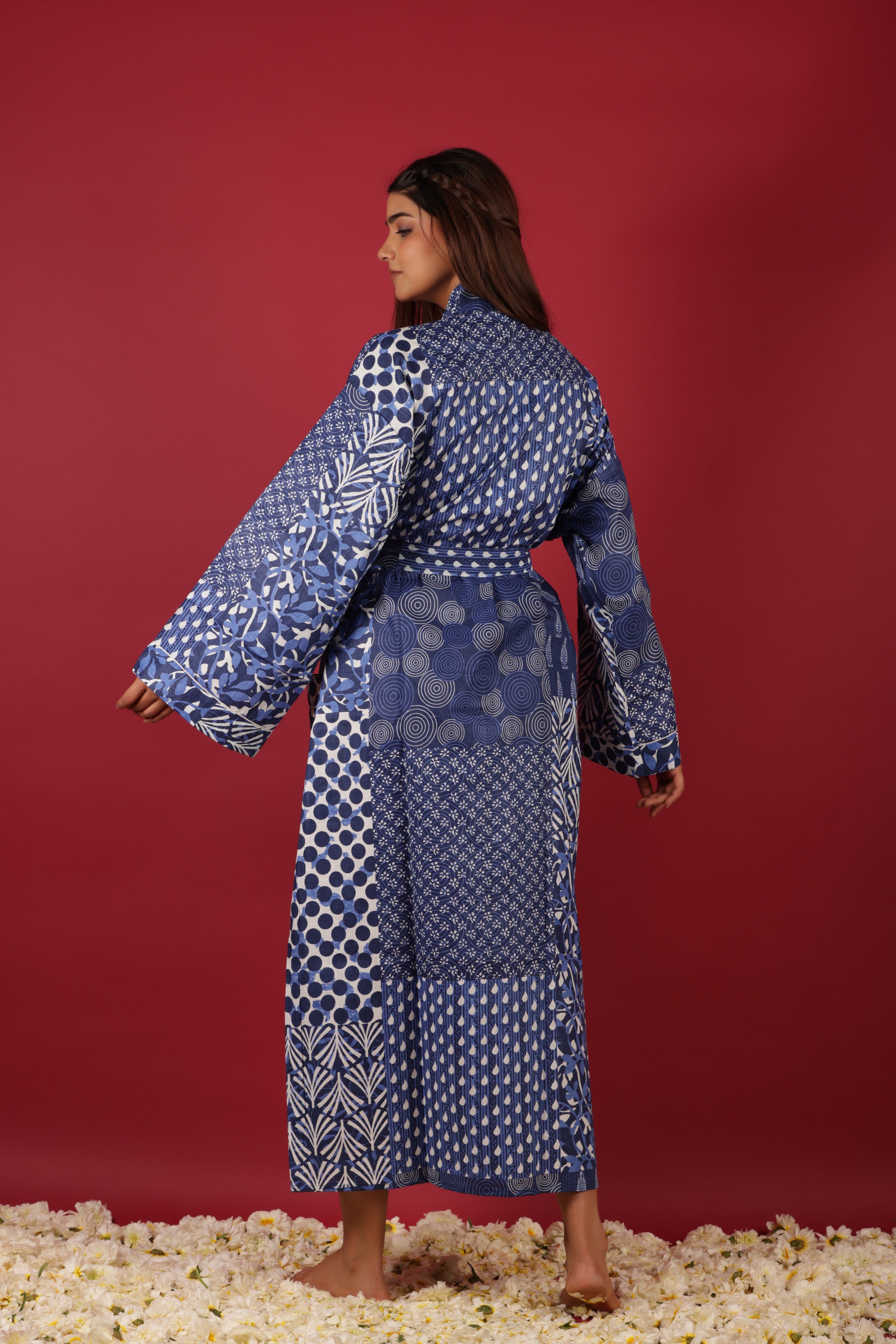 Lovely Patchwork Style Blue Indigo Printed Cotton Kimono Bathrobe