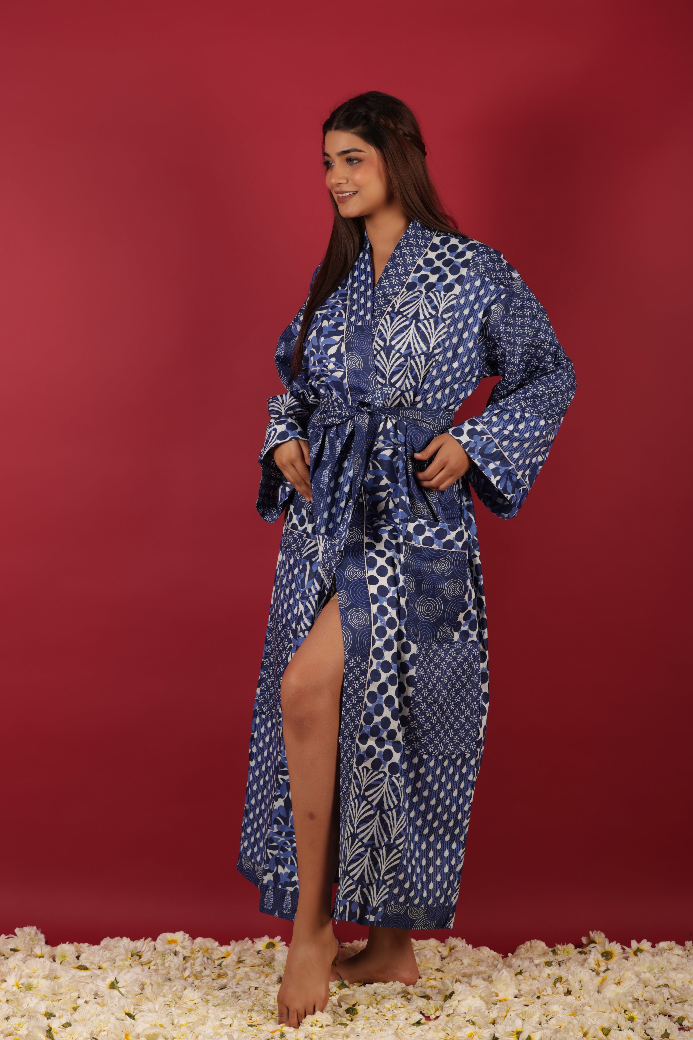 Lovely Patchwork Style Blue Indigo Printed Cotton Kimono Bathrobe