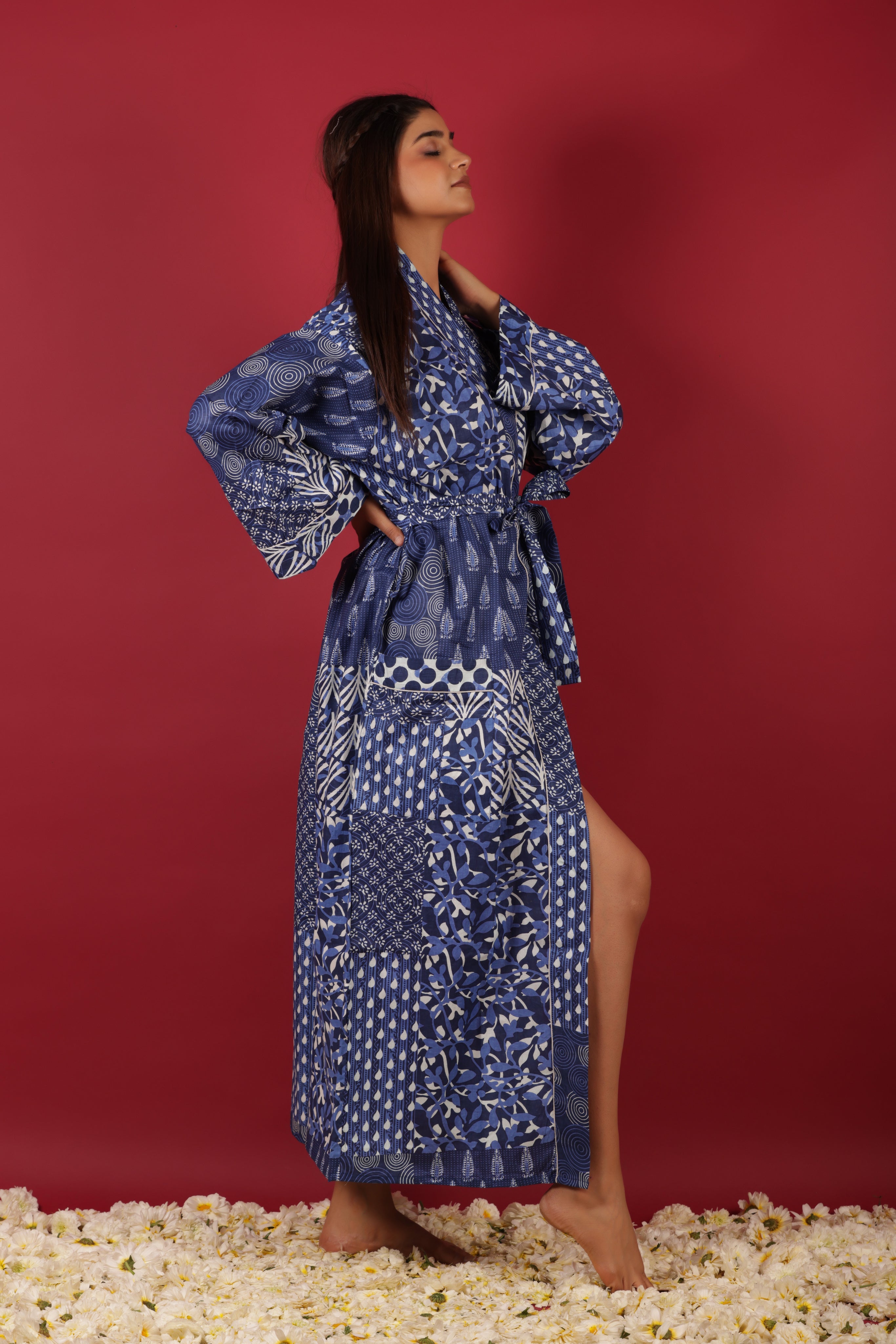 Lovely Patchwork Style Blue Indigo Printed Cotton Kimono Bathrobe