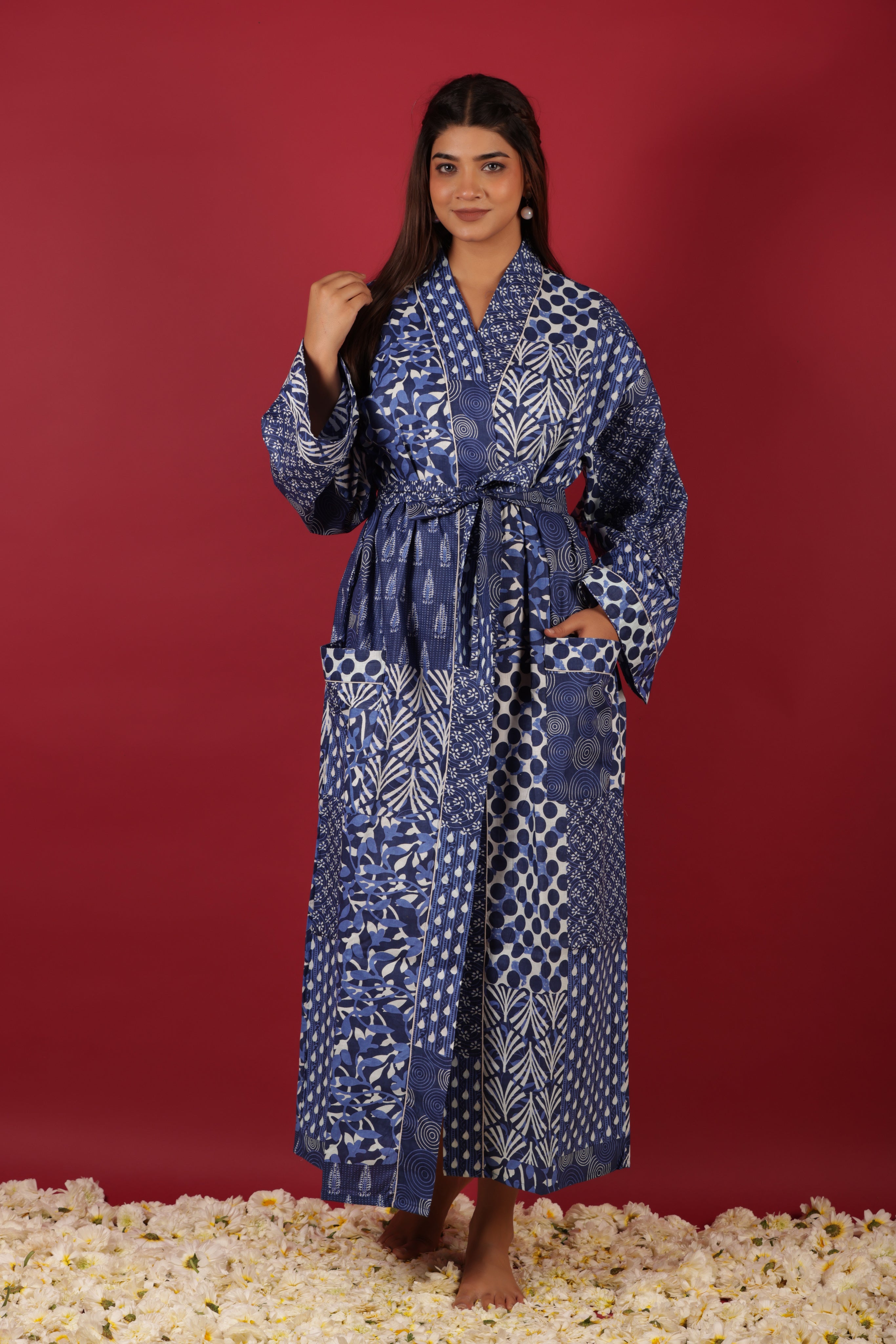 Lovely Patchwork Style Blue Indigo Printed Cotton Kimono Bathrobe