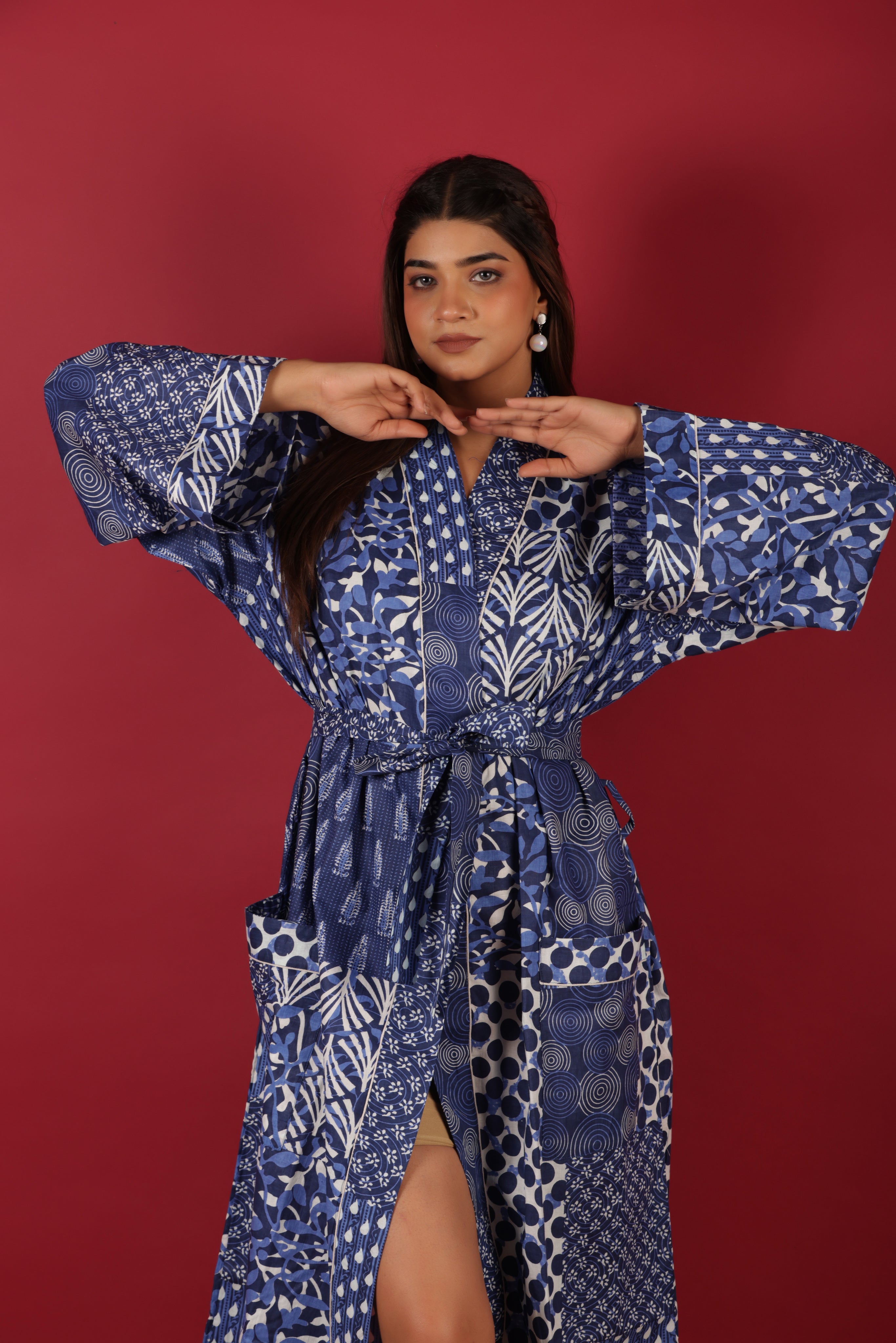 Lovely Patchwork Style Blue Indigo Printed Cotton Kimono Bathrobe