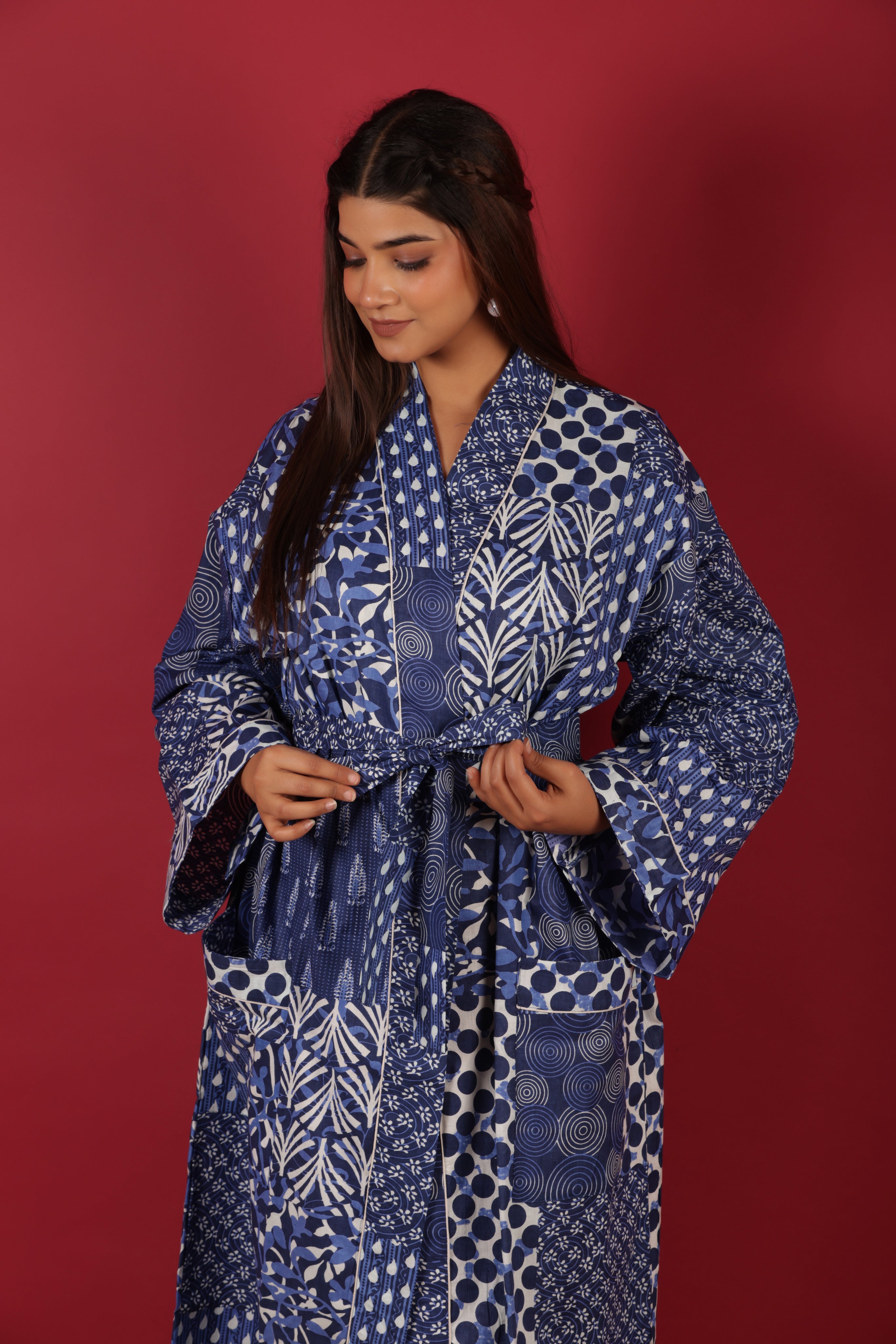 Lovely Patchwork Style Blue Indigo Printed Cotton Kimono Bathrobe