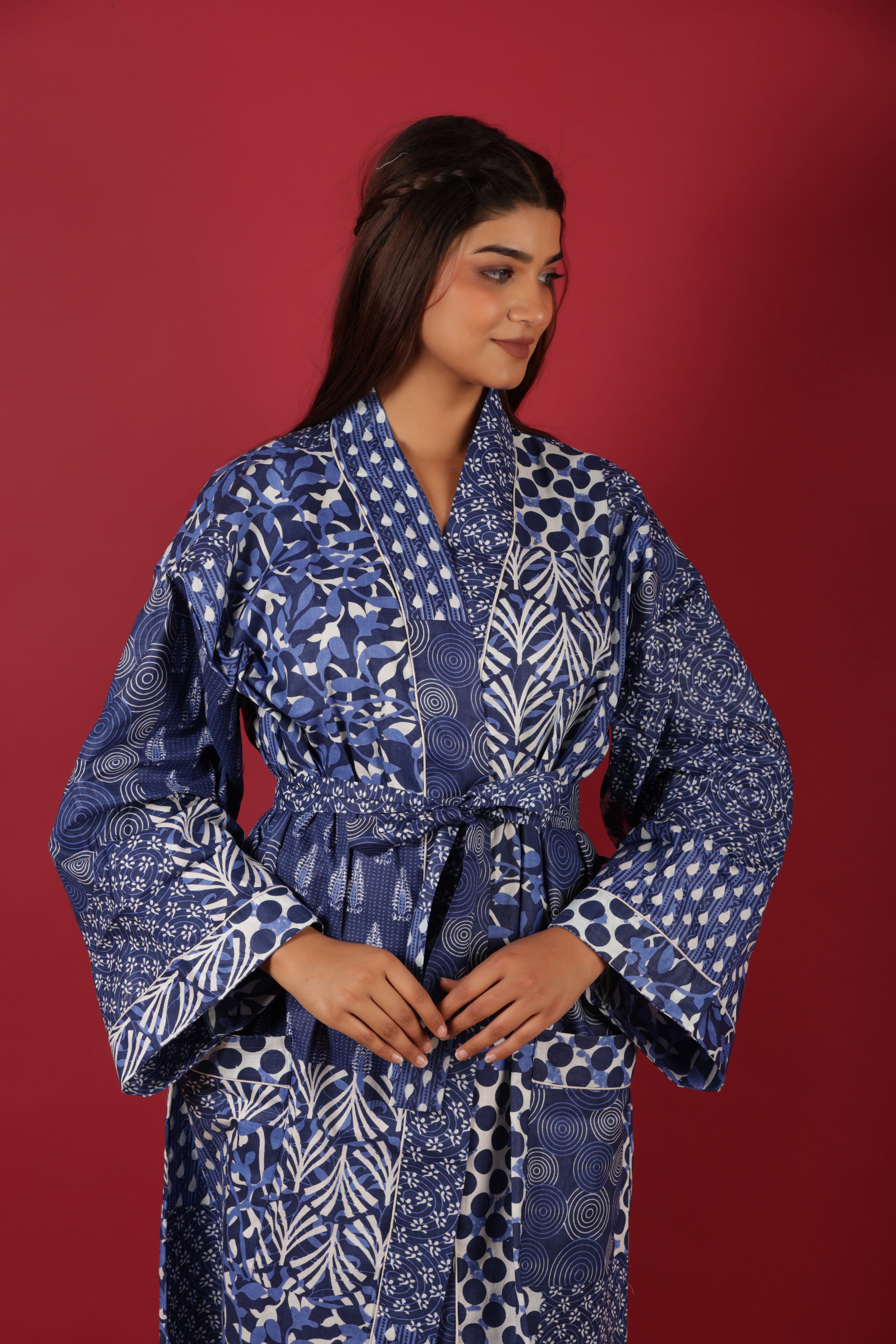Lovely Patchwork Style Blue Indigo Printed Cotton Kimono Bathrobe