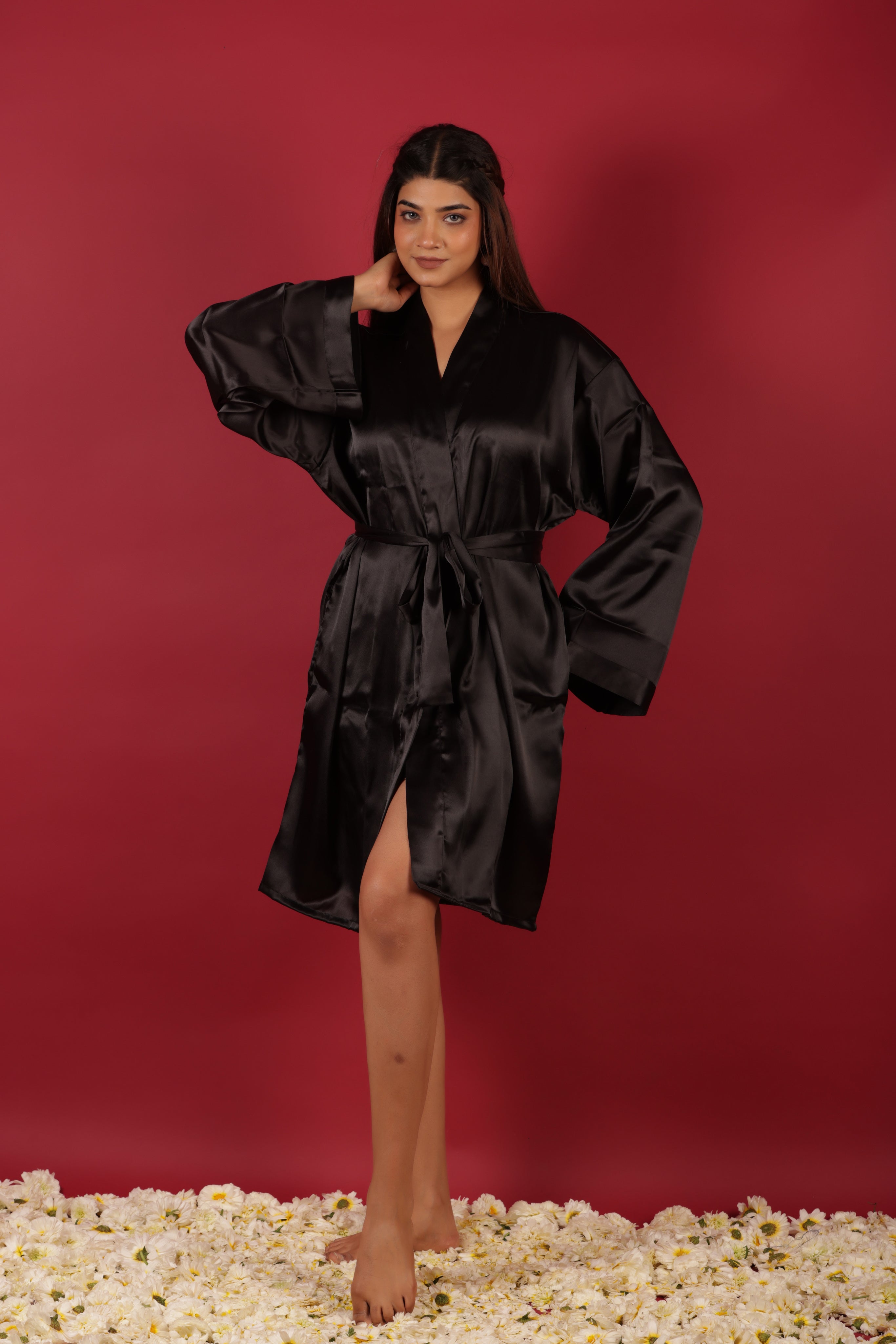 Black Satin Kimono Resort Dressing Gown Bathrobe For Her