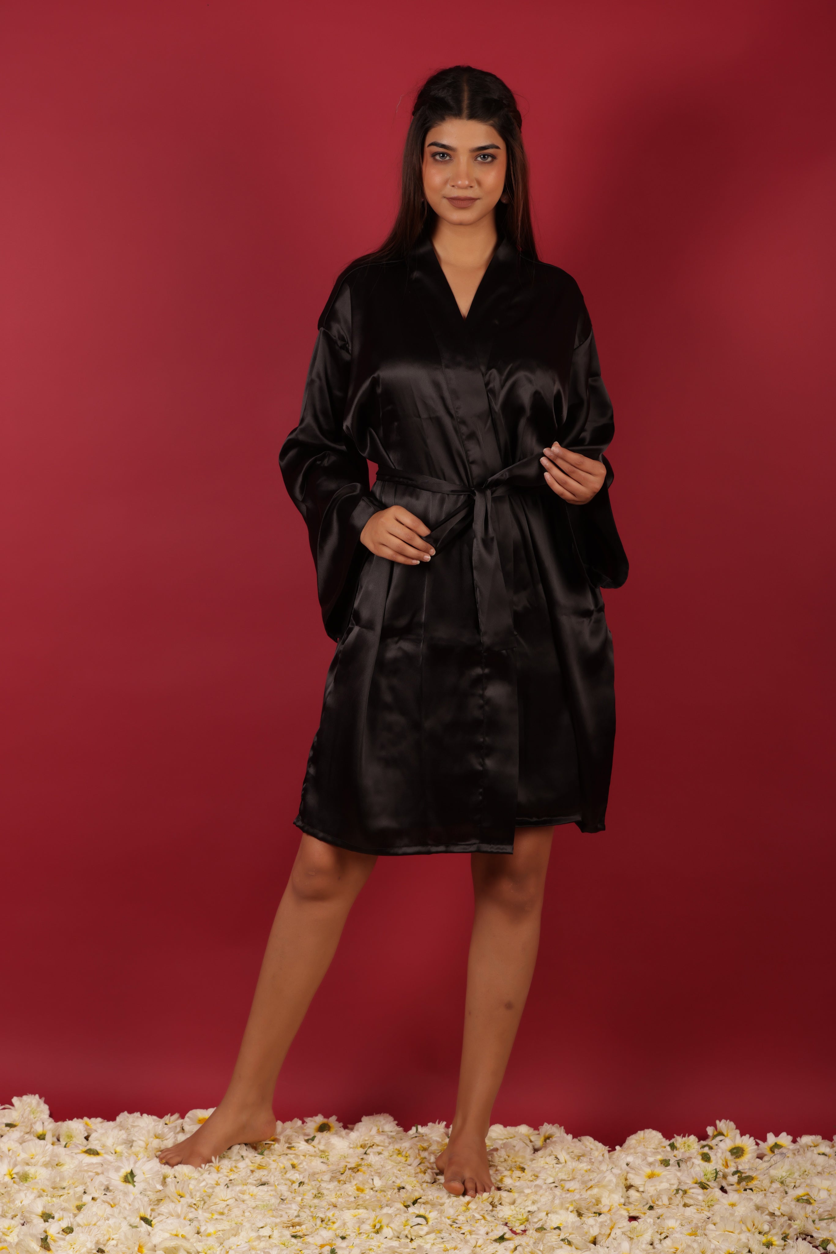 Black Satin Kimono Resort Dressing Gown Bathrobe For Her