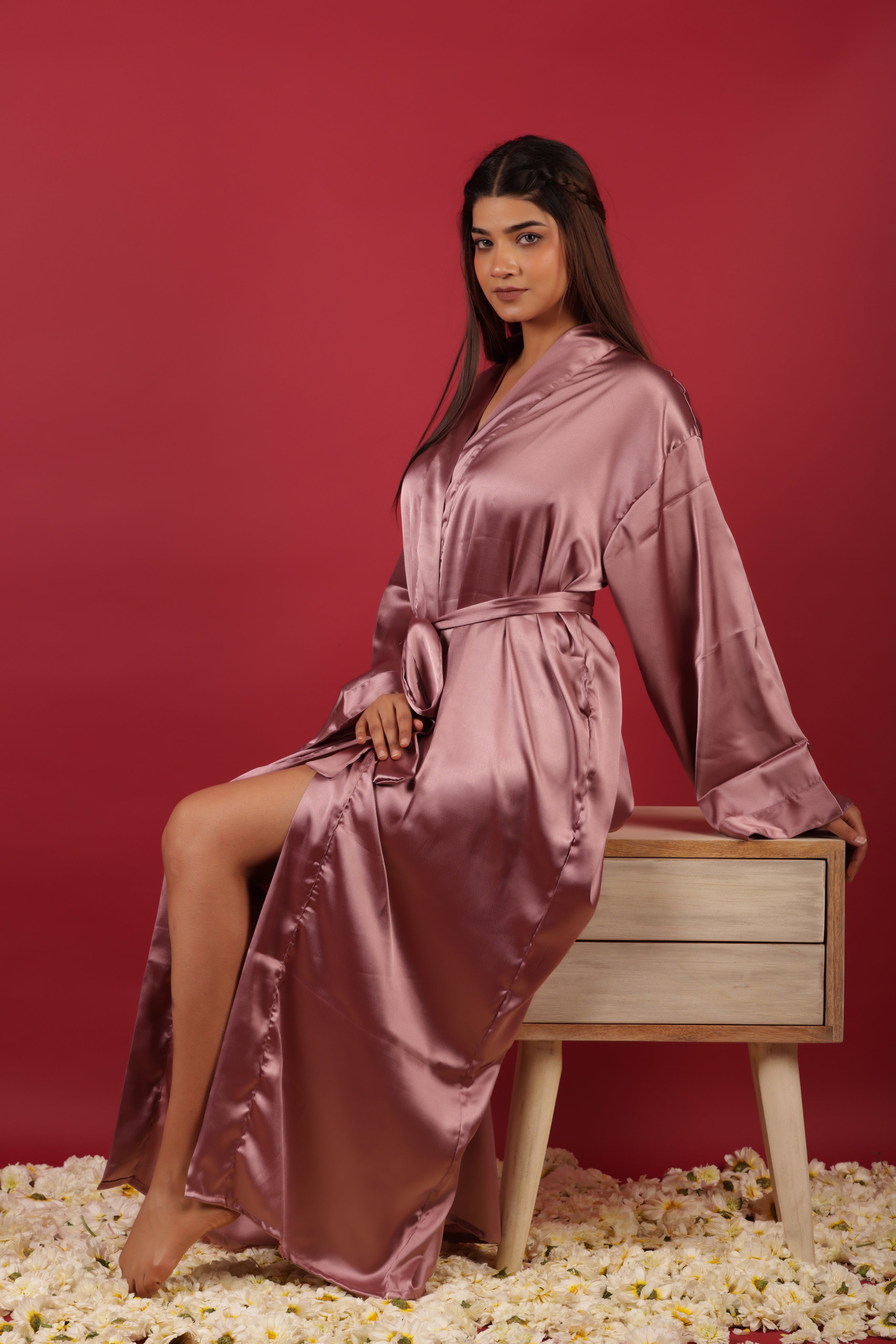 Pink Satin Babydoll Belted Kimono Robe