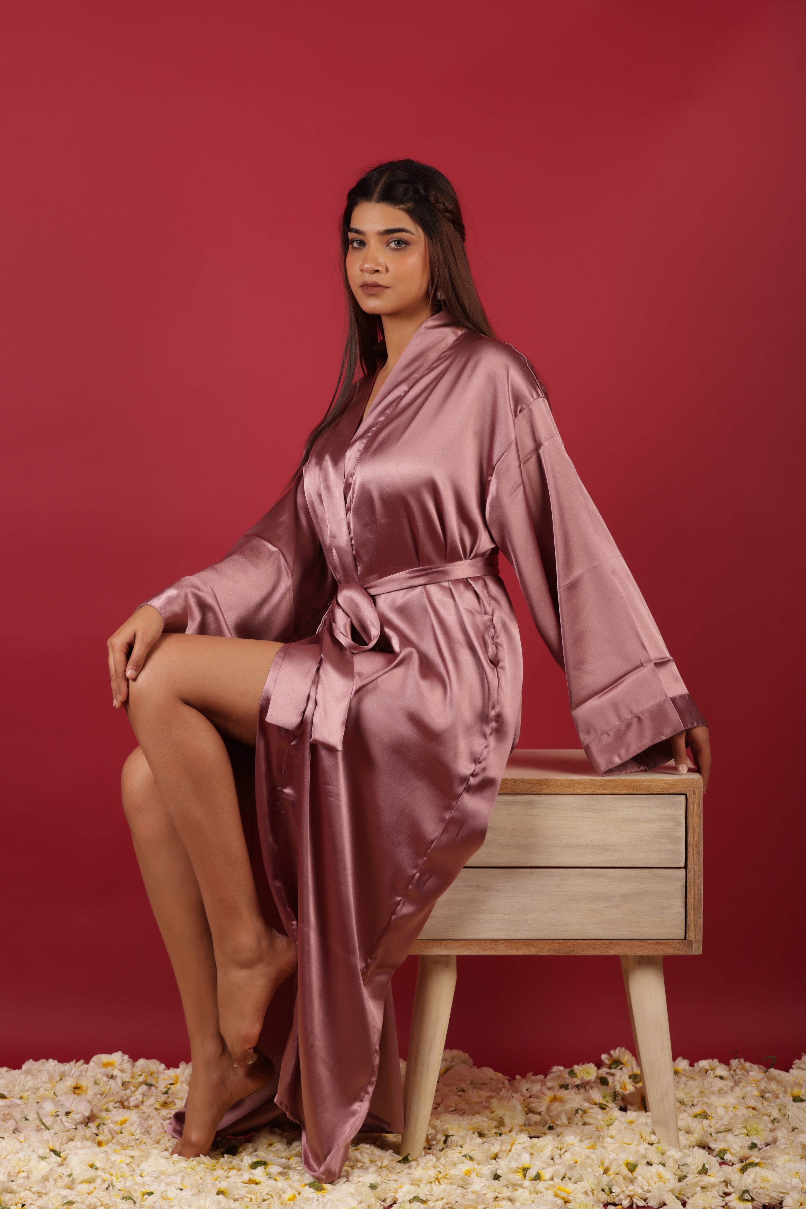 Pink Satin Babydoll Belted Kimono Robe