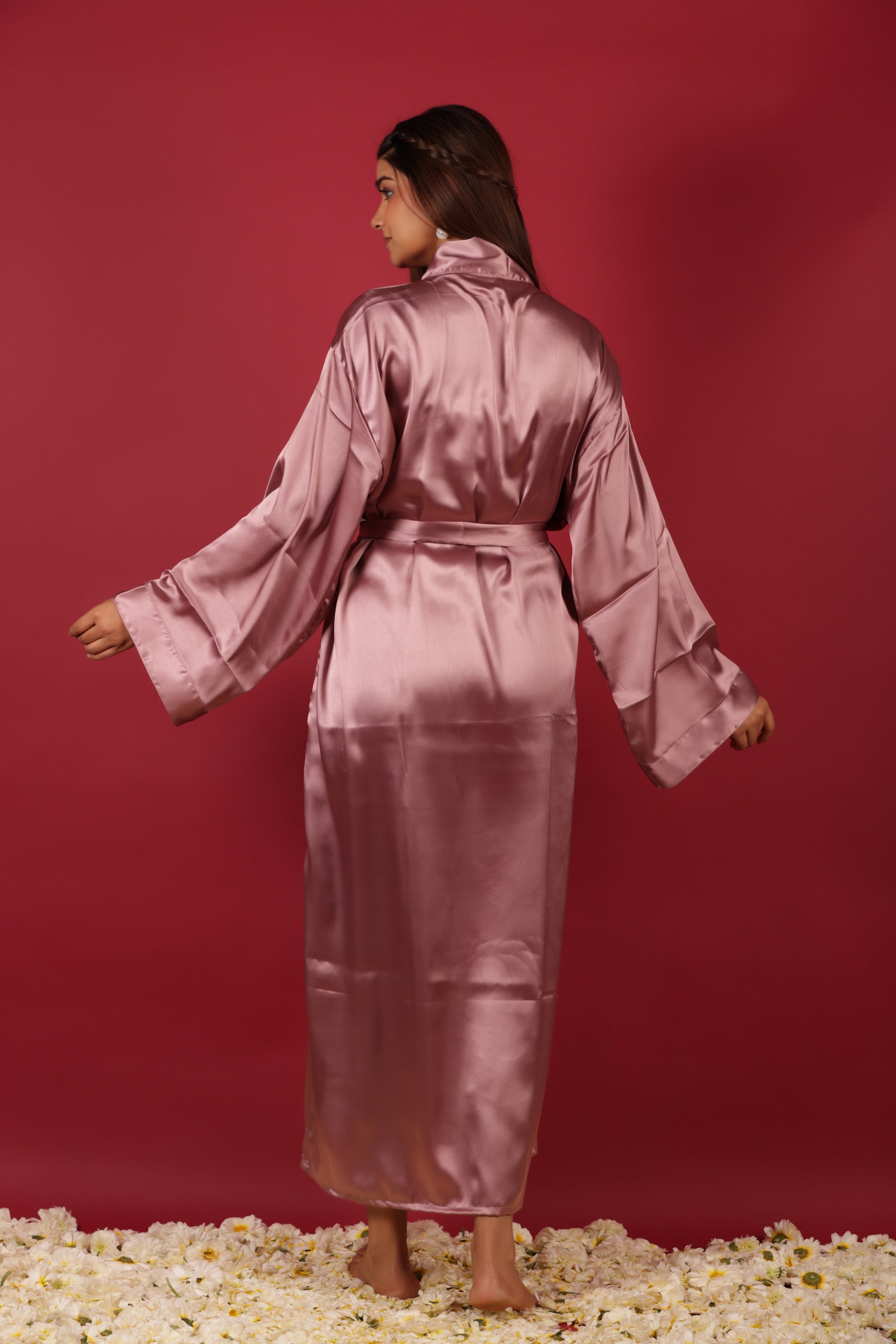 Pink Satin Babydoll Belted Kimono Robe