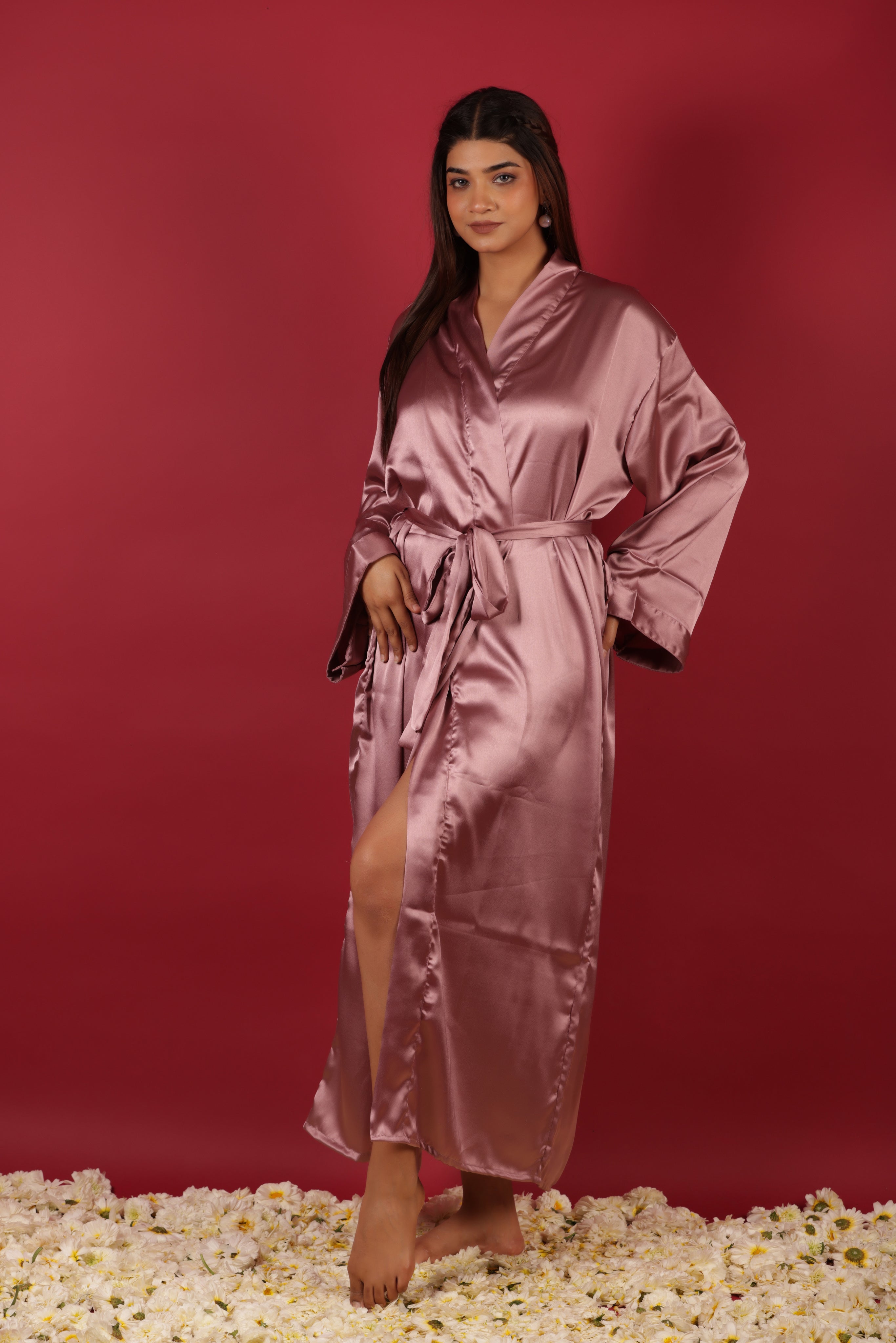Pink Satin Babydoll Belted Kimono Robe