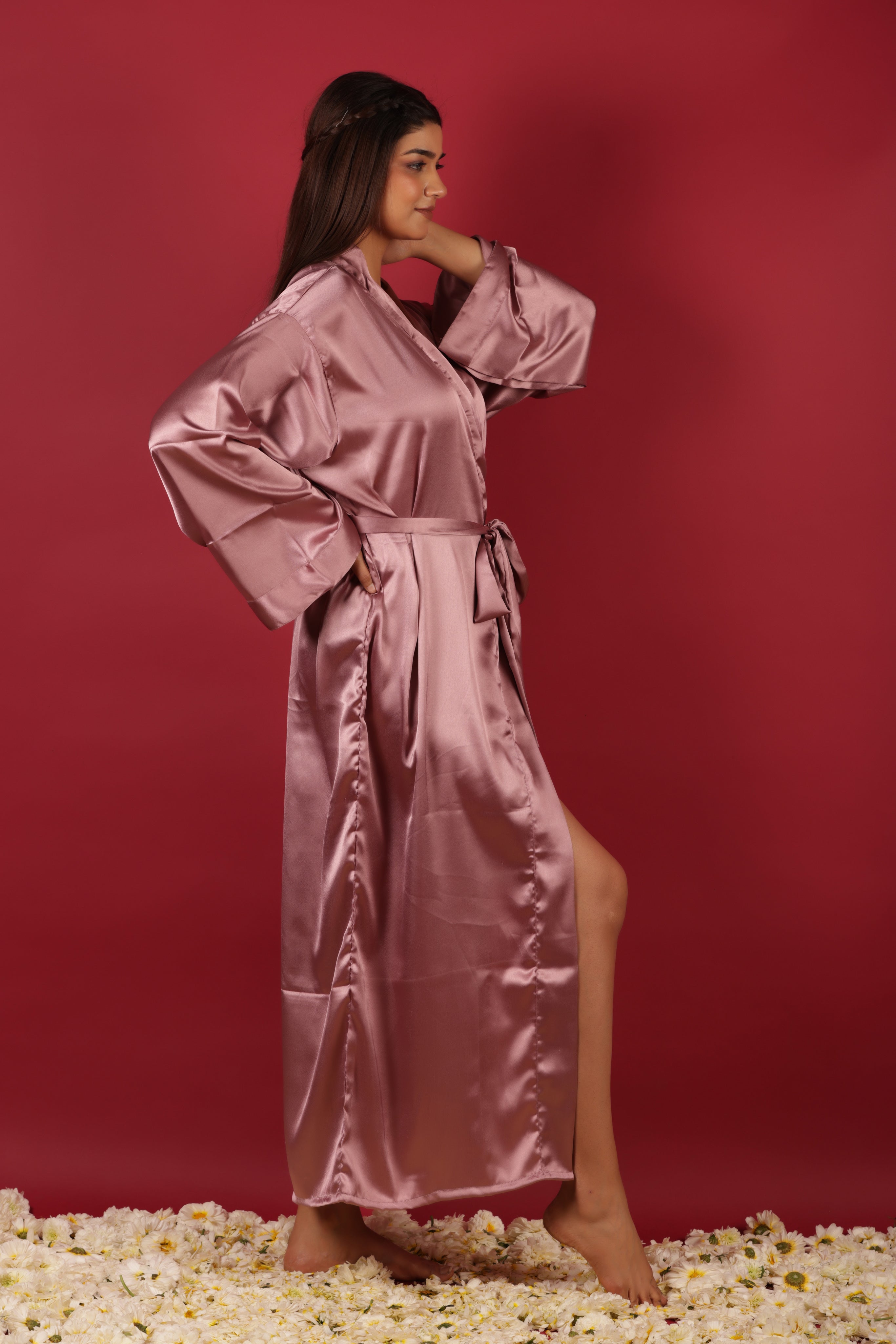 Pink Satin Babydoll Belted Kimono Robe