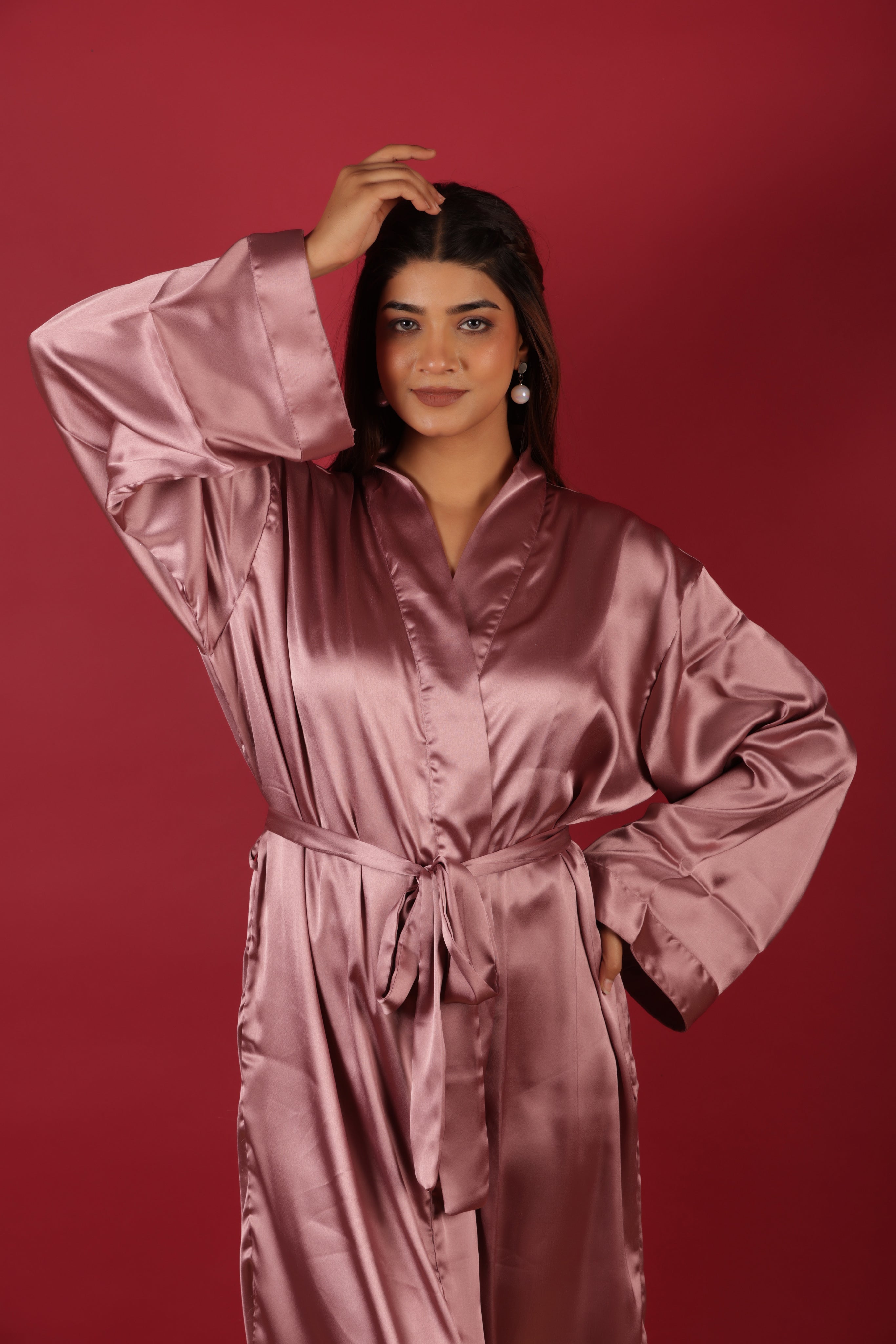 Pink Satin Babydoll Belted Kimono Robe