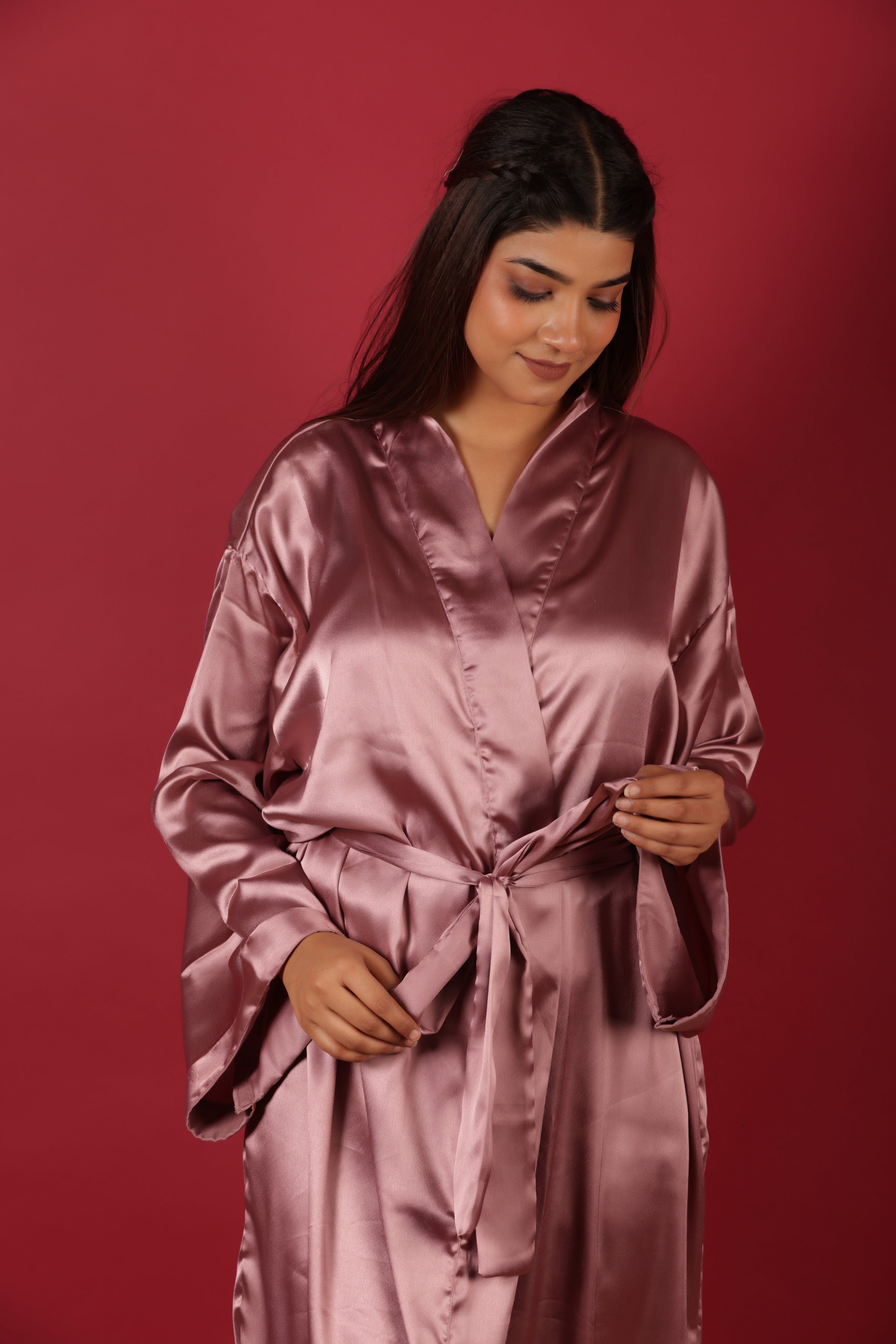 Pink Satin Babydoll Belted Kimono Robe