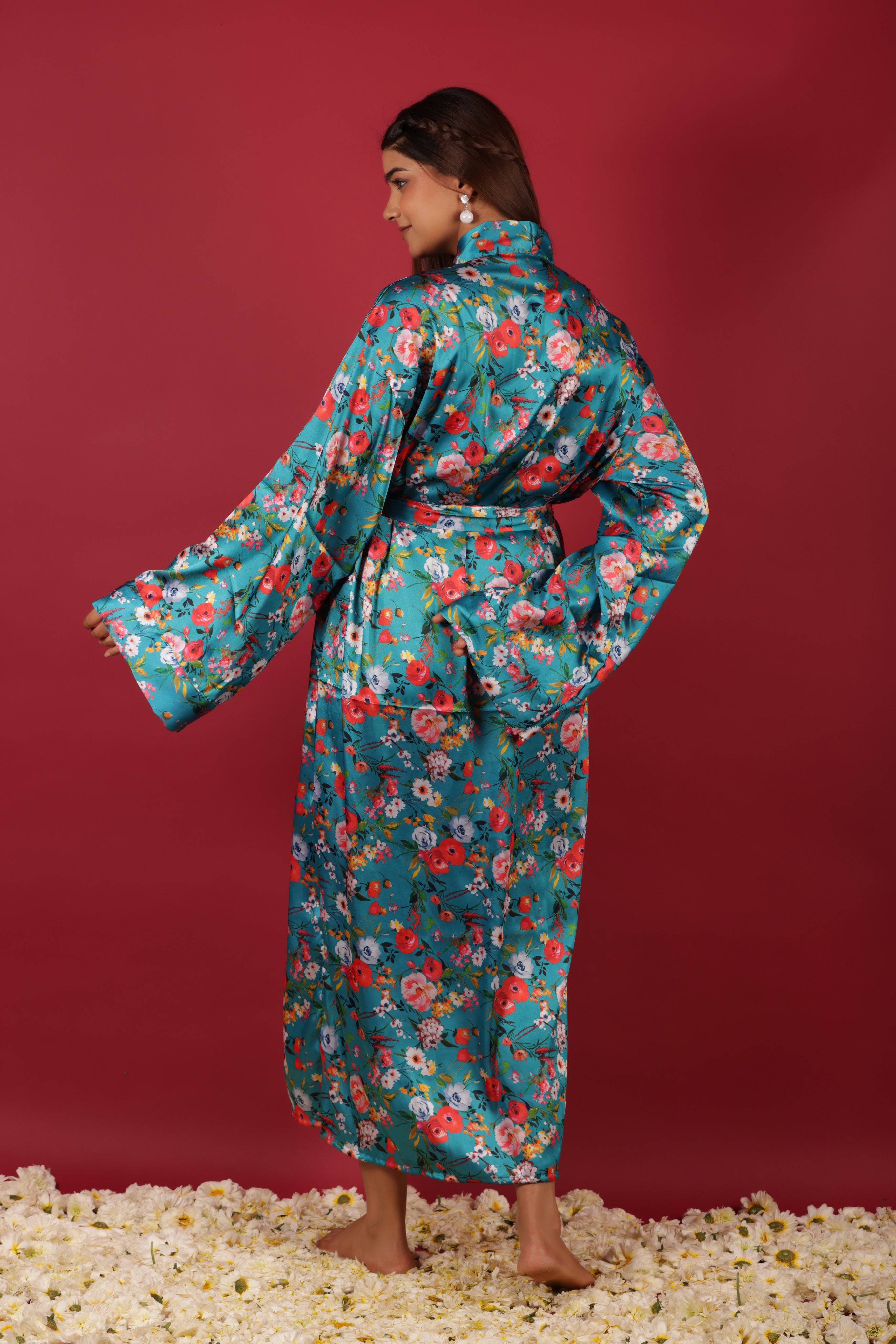 Ethnic Floral Printed Satin Kimono Long Robe