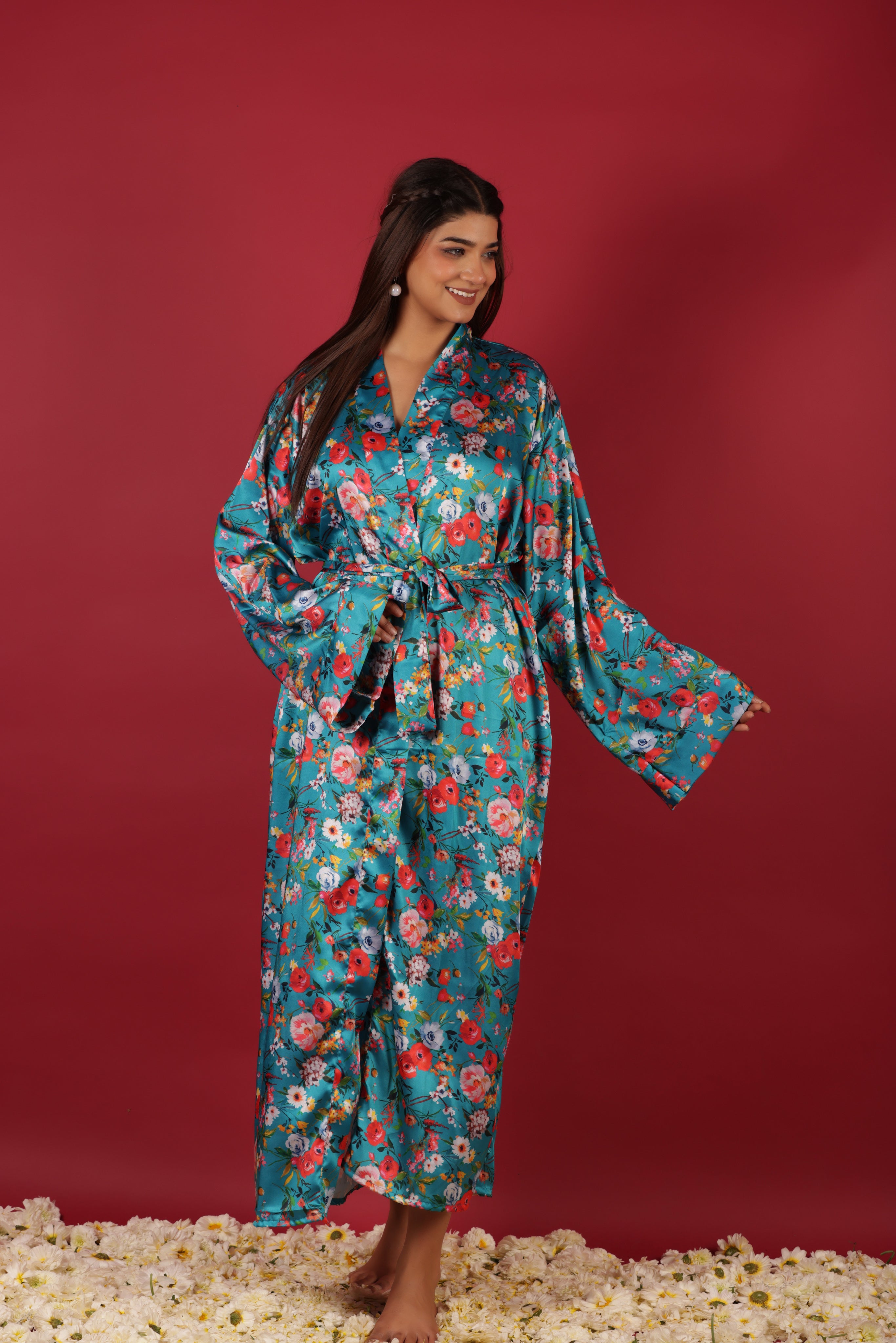 Ethnic Floral Printed Satin Kimono Long Robe