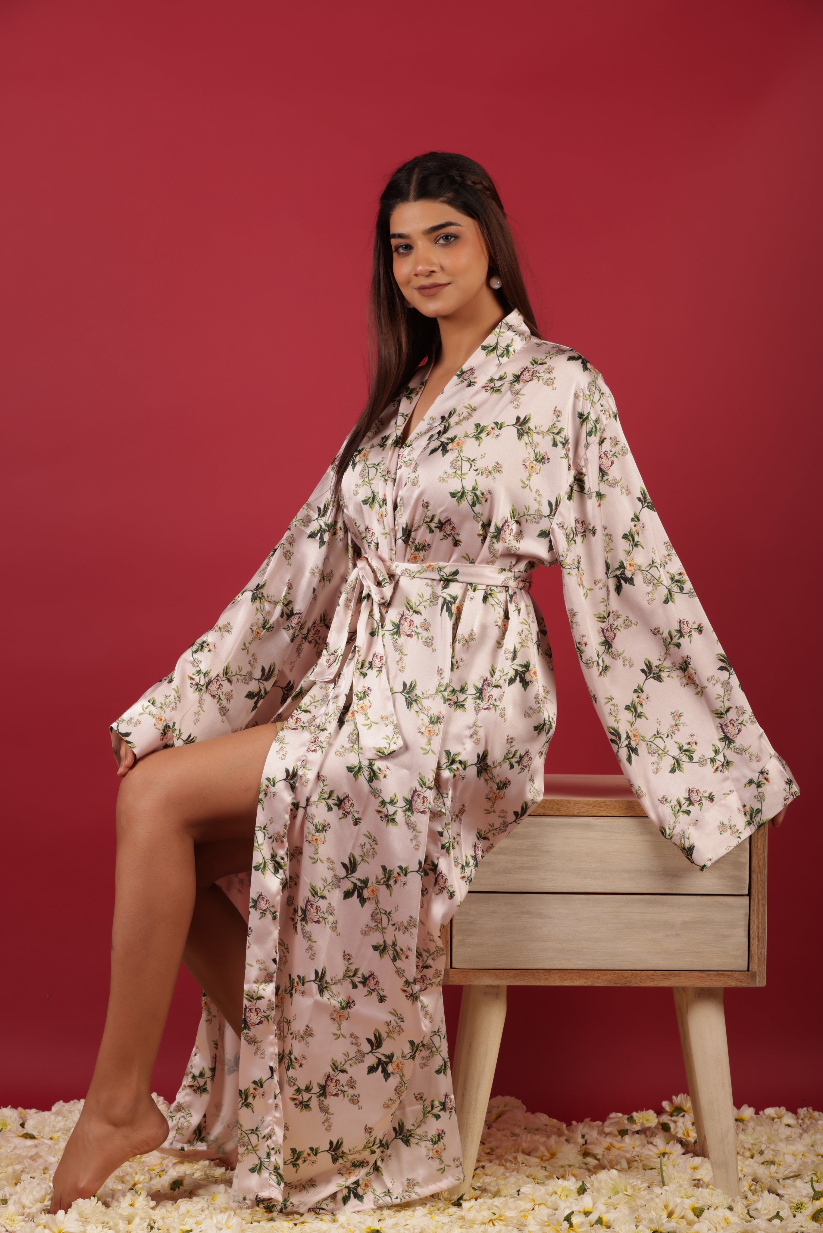 Long Satin Kimono Robe Belted Wrap Jacket