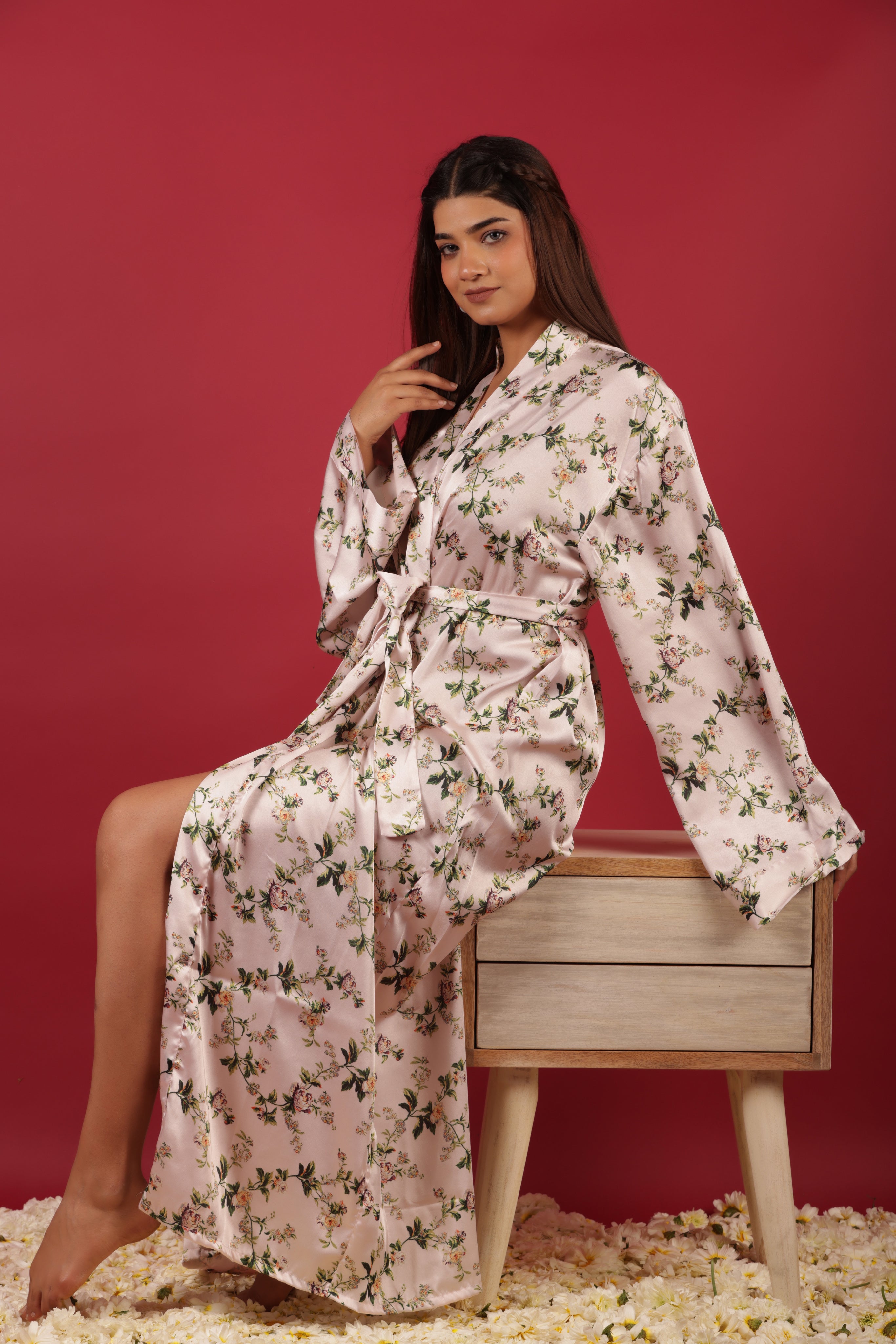 Long Satin Kimono Robe Belted Wrap Jacket