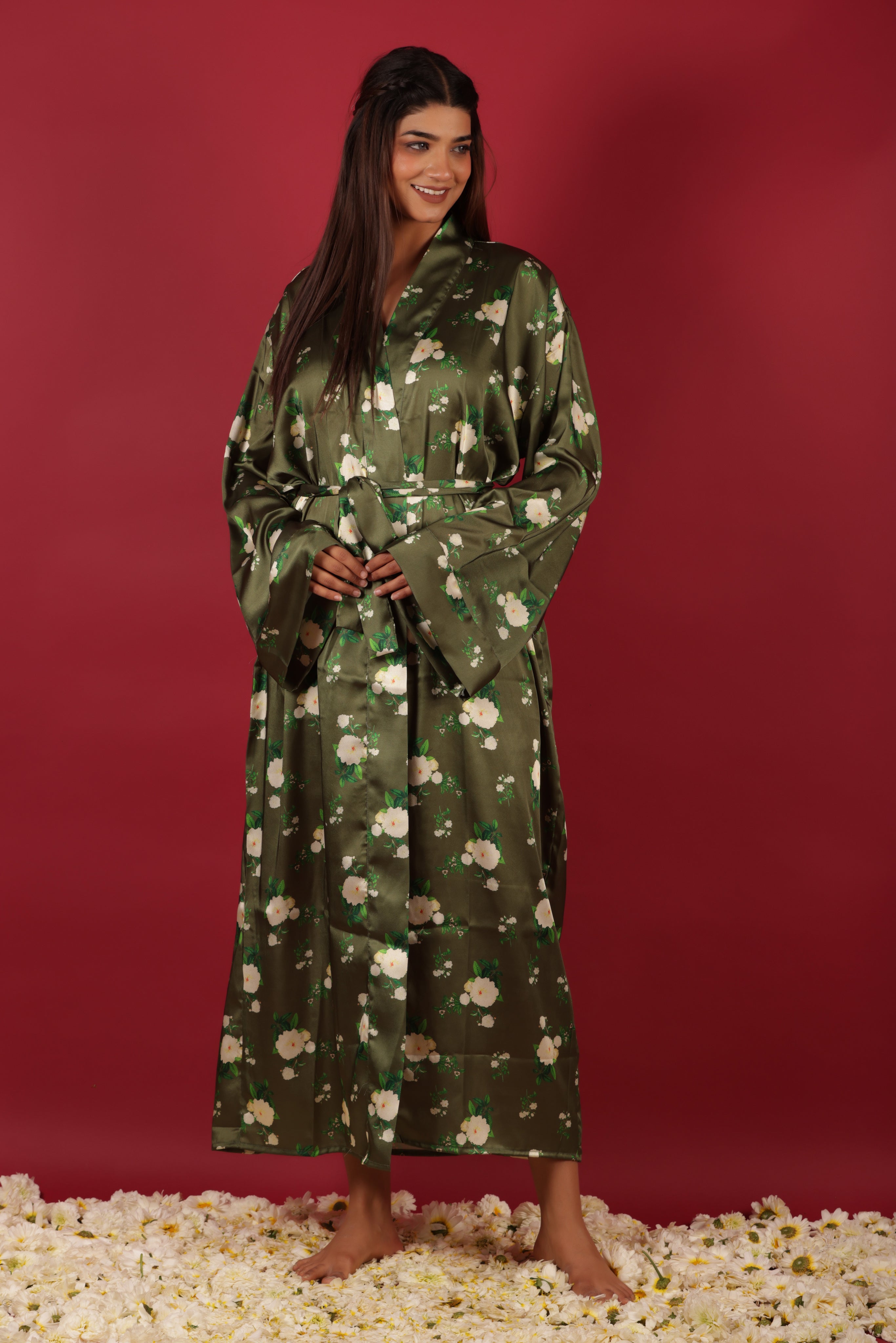 Long Floral Printed Dark Green Satin Sleepwear Kimono Robe