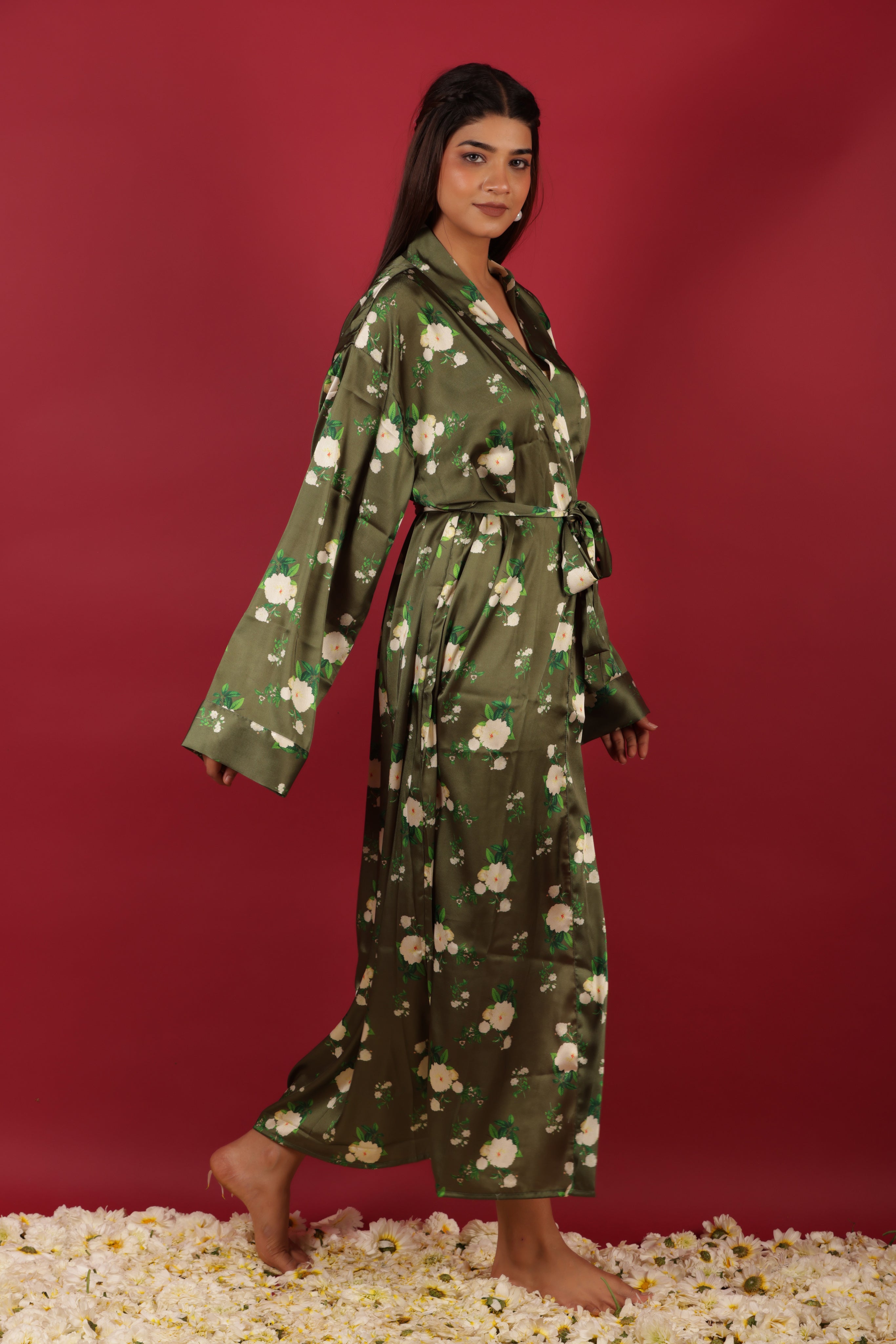 Long Floral Printed Dark Green Satin Sleepwear Kimono Robe