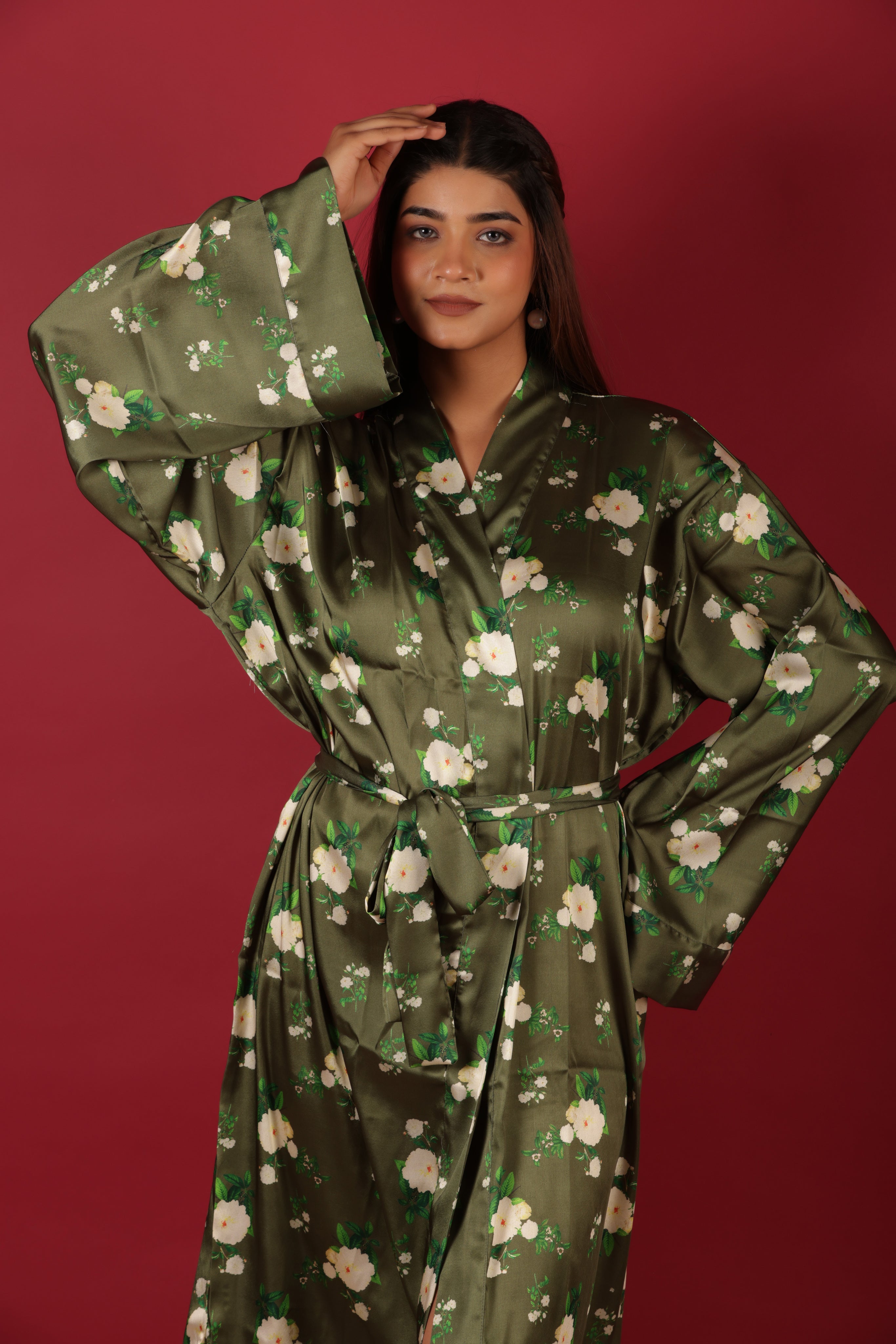 Long Floral Printed Dark Green Satin Sleepwear Kimono Robe