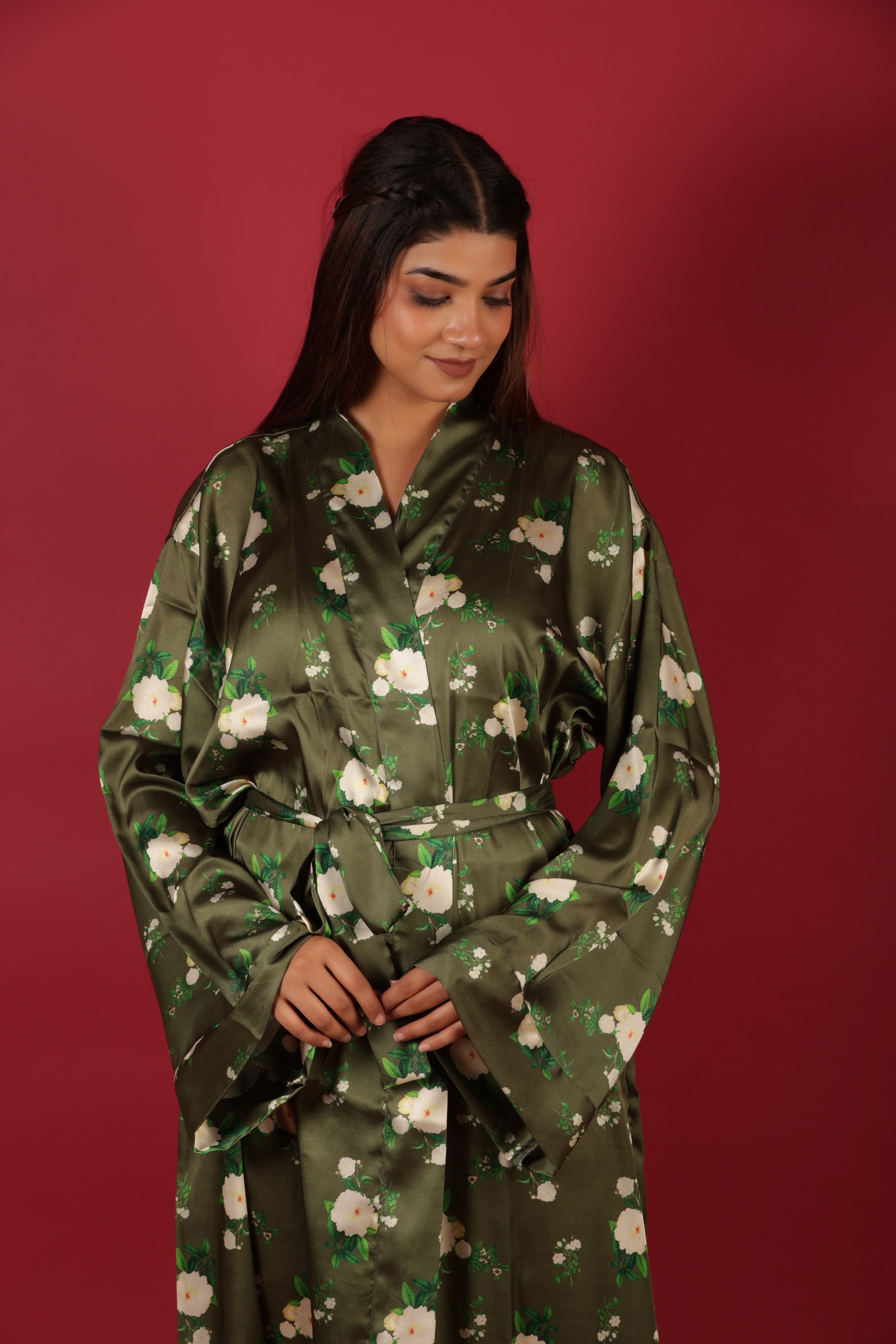 Long Floral Printed Dark Green Satin Sleepwear Kimono Robe