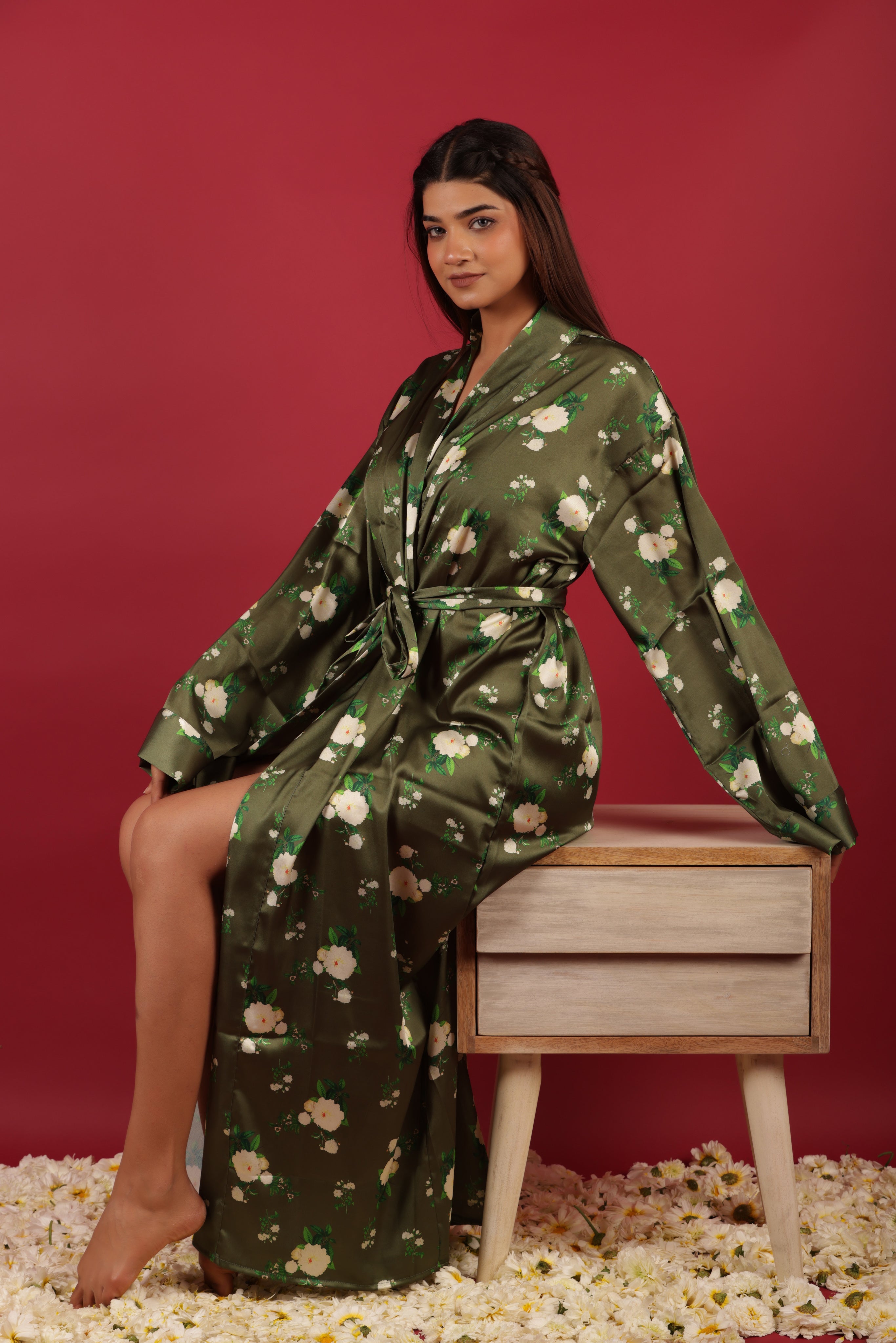 Long Floral Printed Dark Green Satin Sleepwear Kimono Robe
