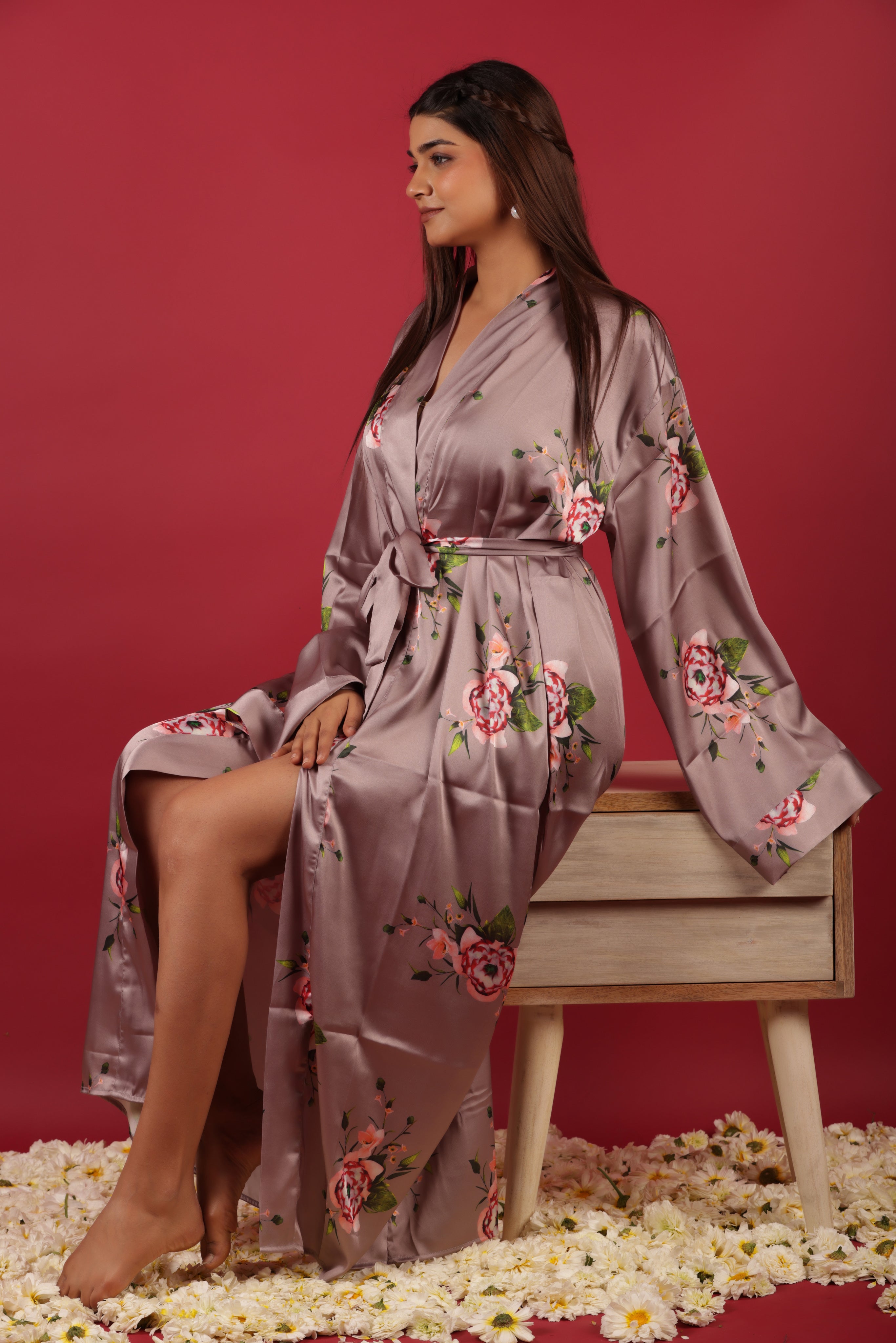Beautiful Peach Colored Floral Printed Morning Robe Dress