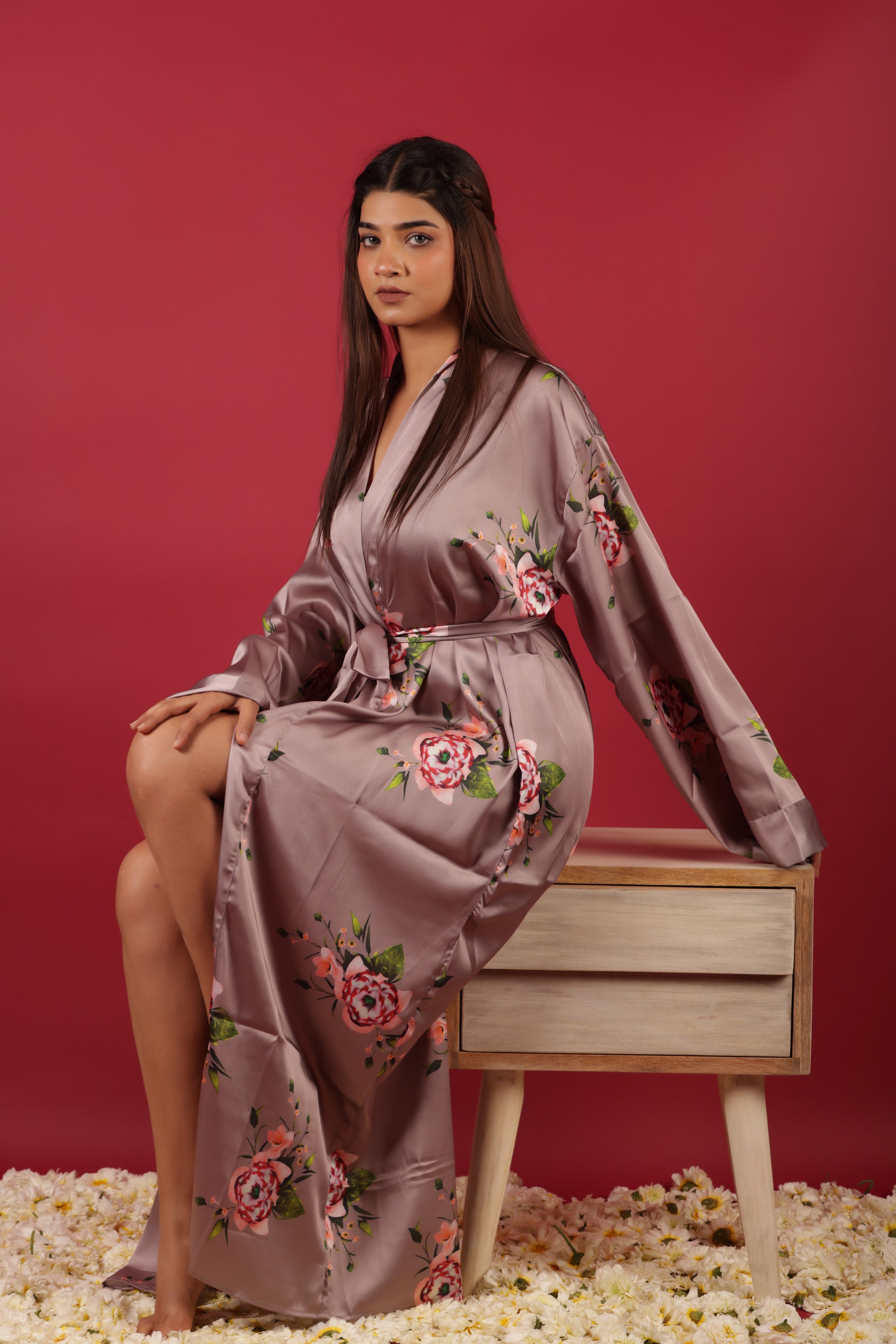 Beautiful Peach Colored Floral Printed Morning Robe Dress
