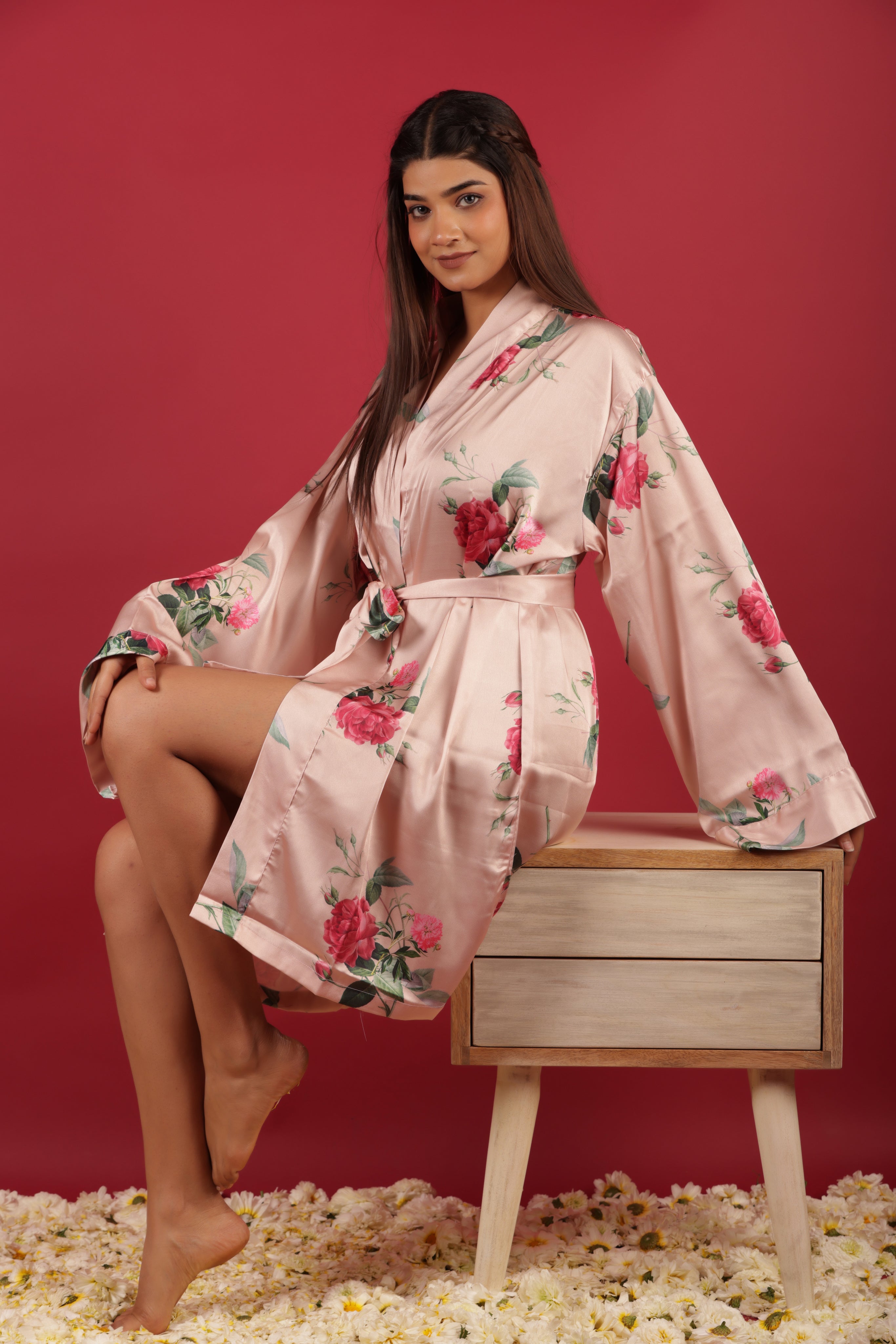 Bridal Party Probe Floral Printed Peach Bathrobe