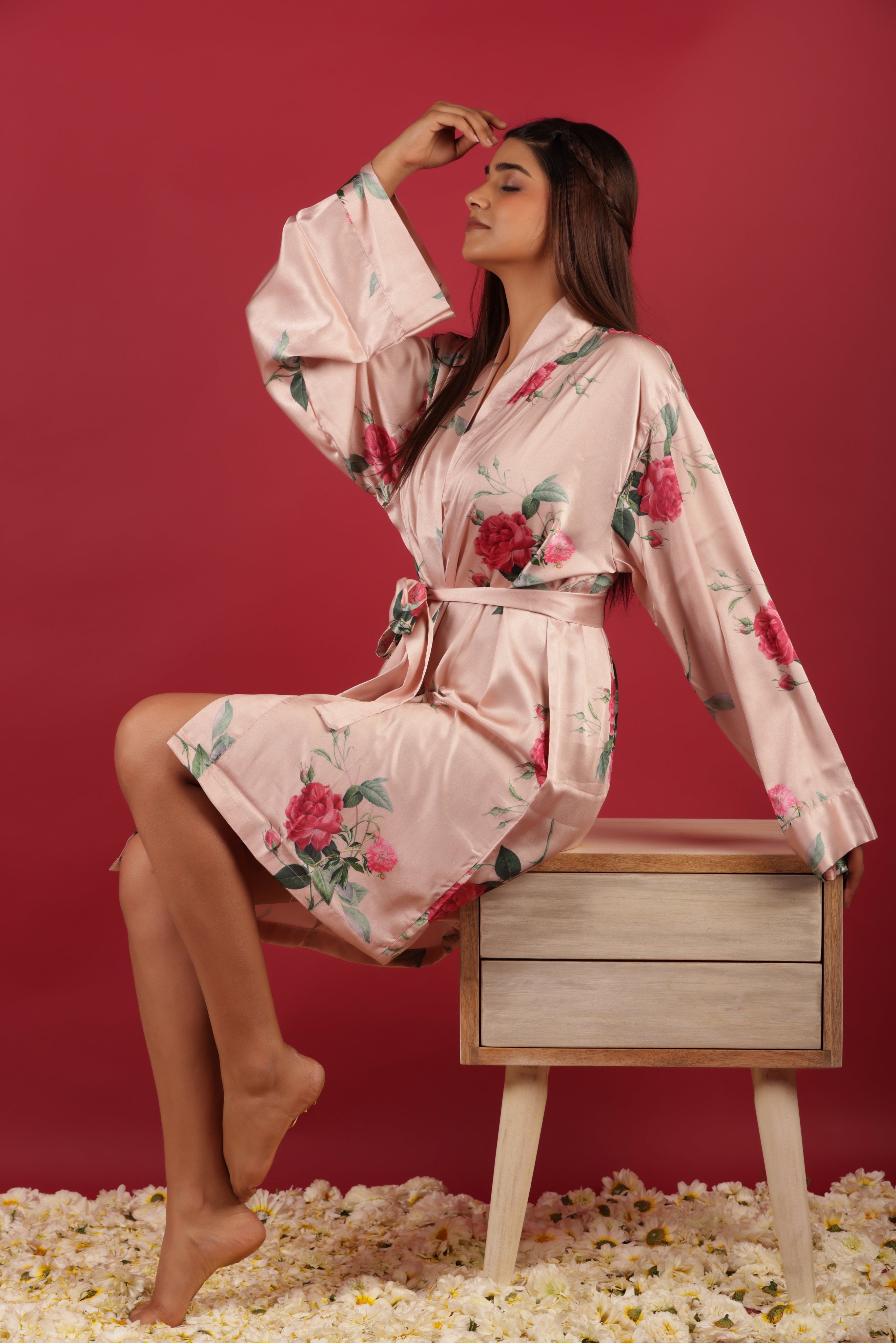 Bridal Party Probe Floral Printed Peach Bathrobe